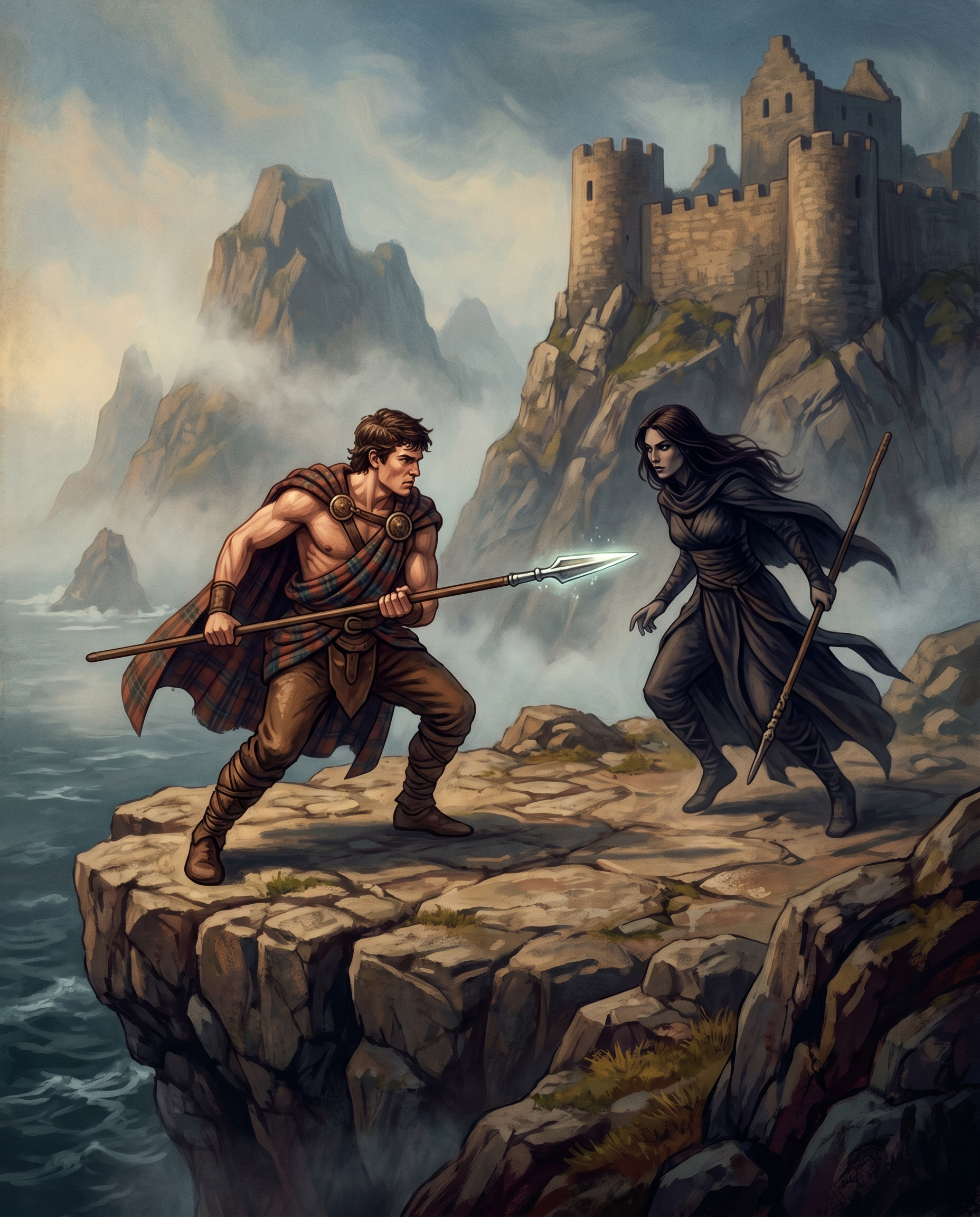 Cú Chulainn entrenando con Scáthach en la Isla de Skye
