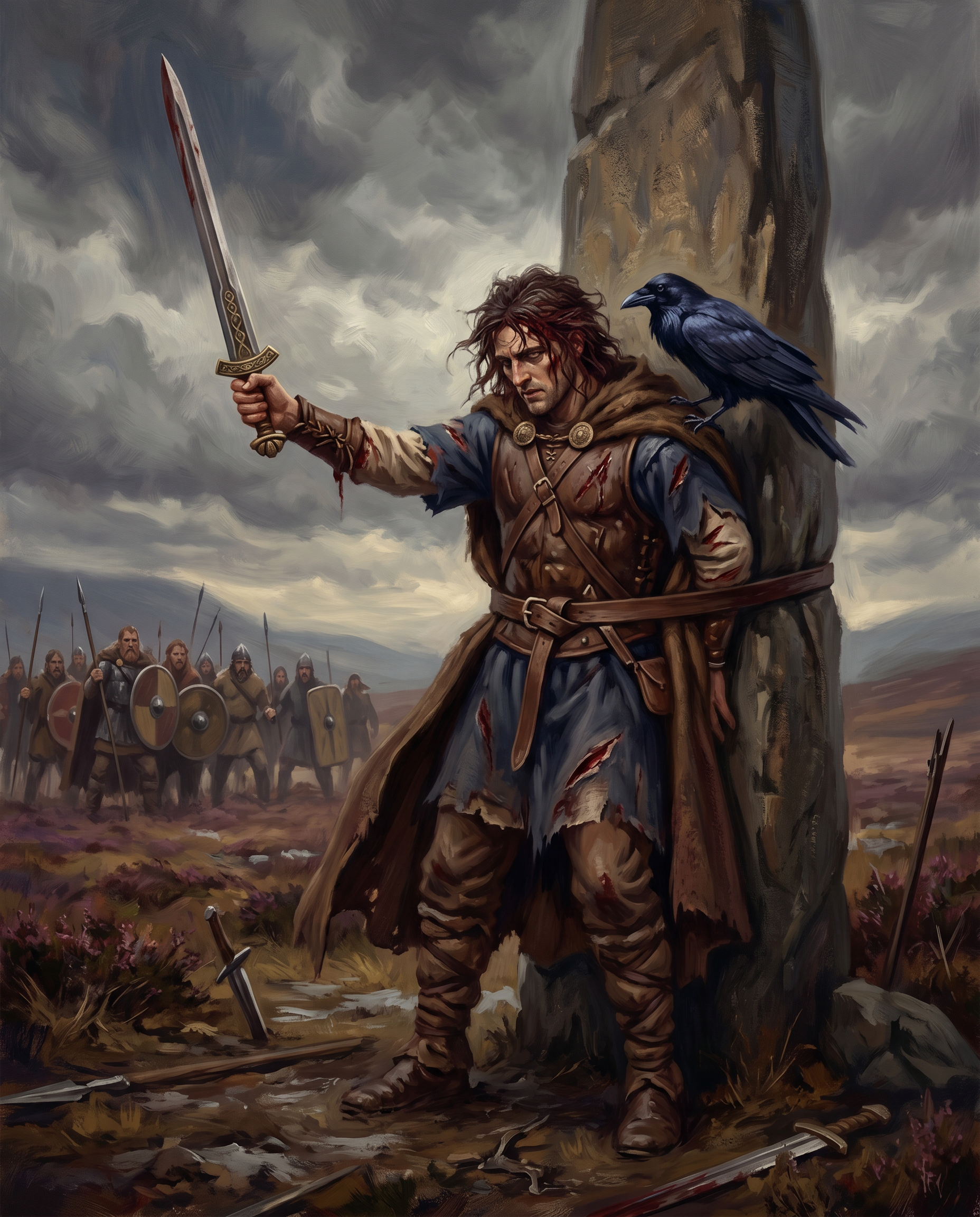 Cú Chulainn atado a un pilar de piedra cubierto de heridas sosteniendo su espada mientras un cuervo negro desciende hacia su hombro