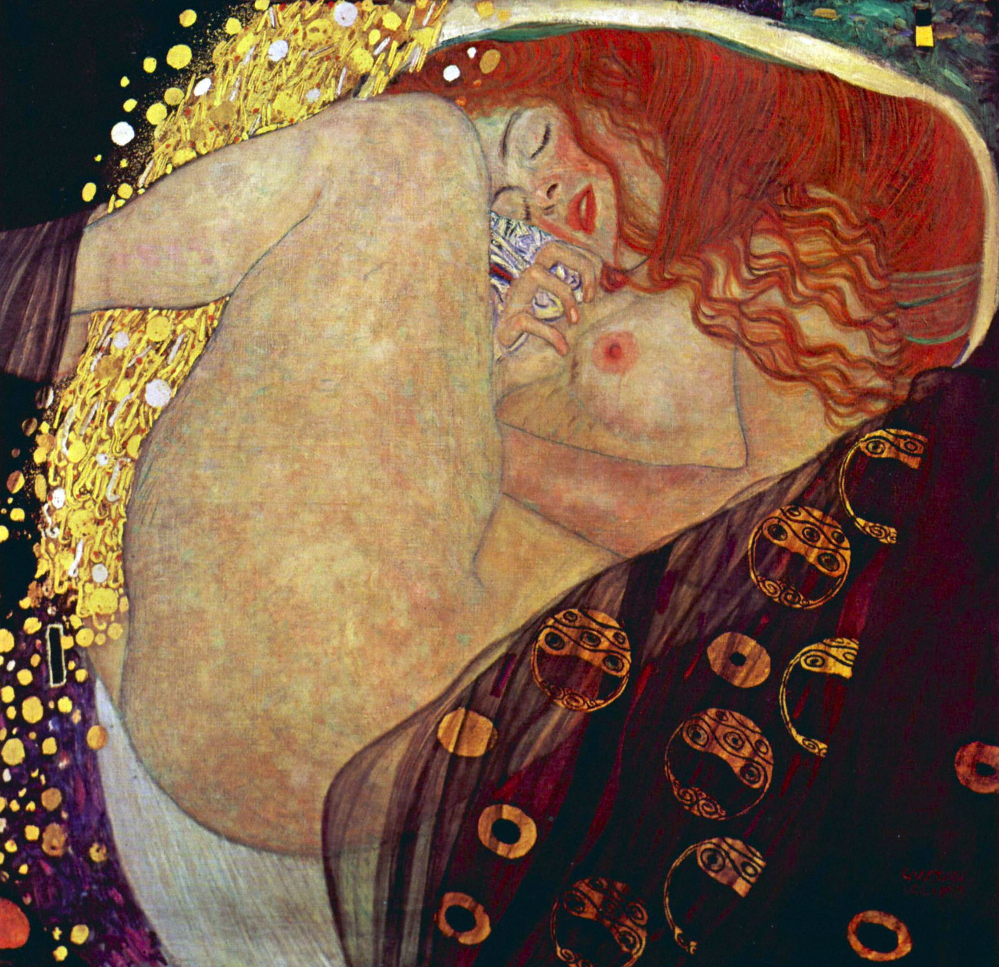 Pintura de Dánae de Gustav Klimt, con la figura acurrucada envuelta en oro líquido