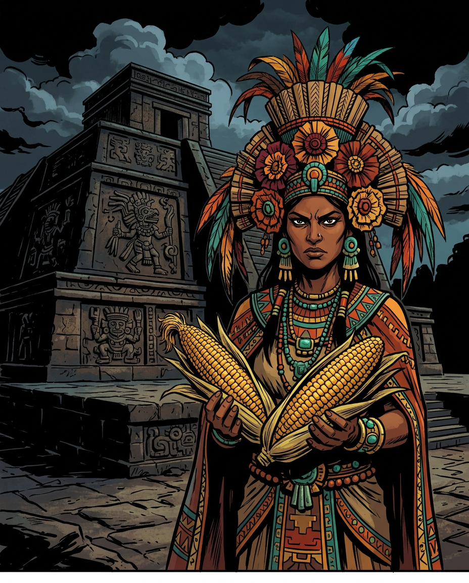 La diosa azteca Chicomecóatl sosteniendo mazorcas de maíz