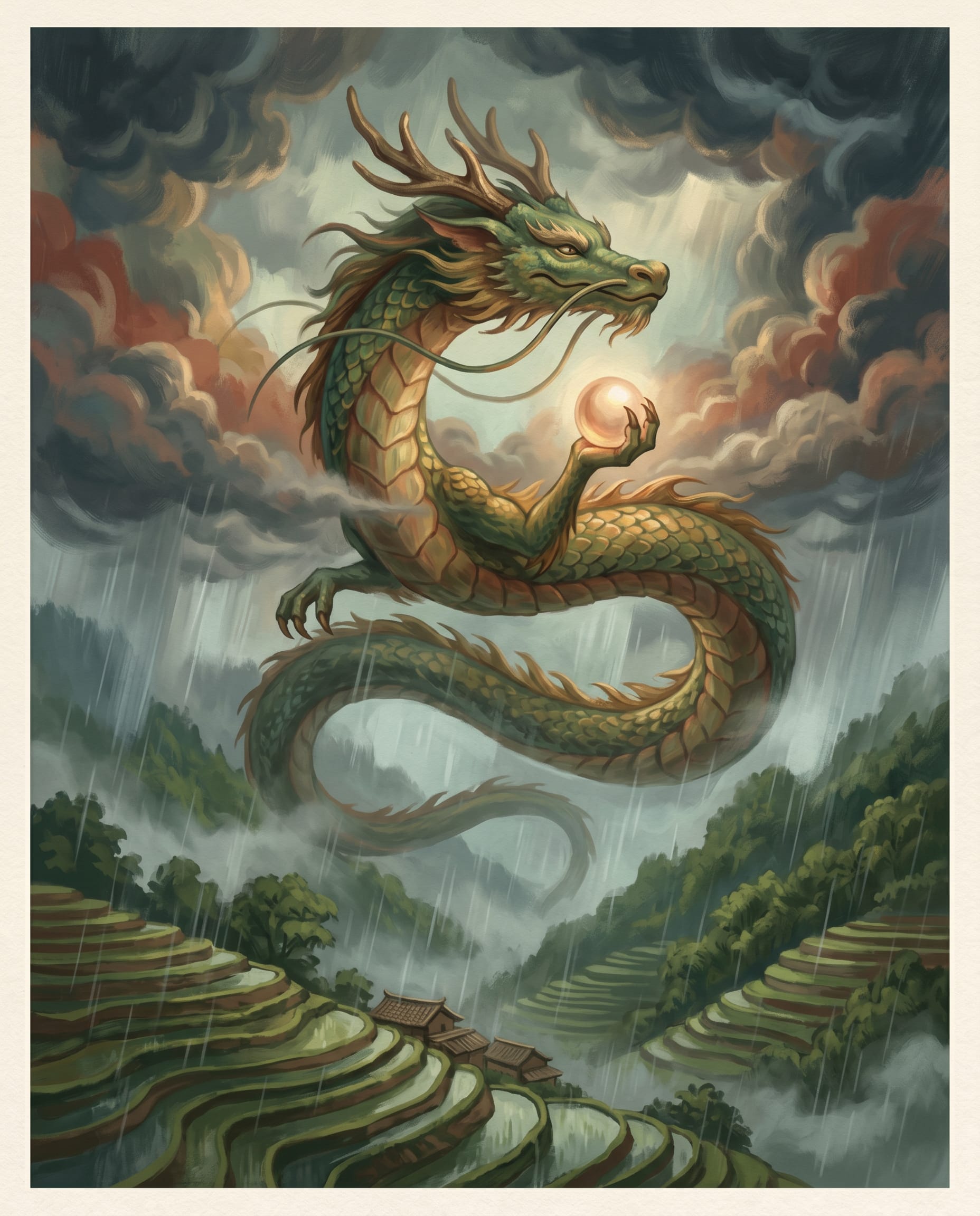 Ilustracion de un dragon asiatico demostrando su relacion con la lluvia