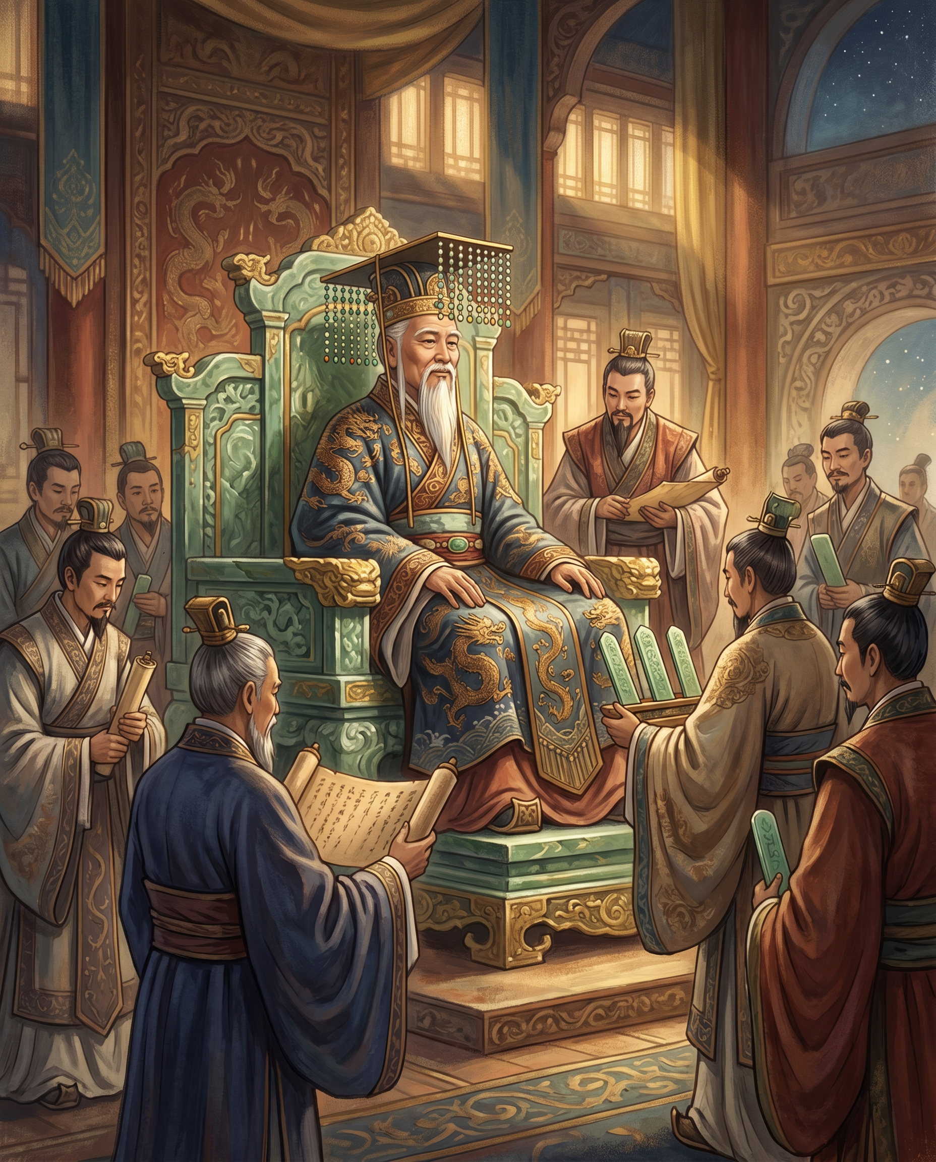 Ilustración editorial del Emperador de Jade en su trono celestial rodeado de funcionarios divinos