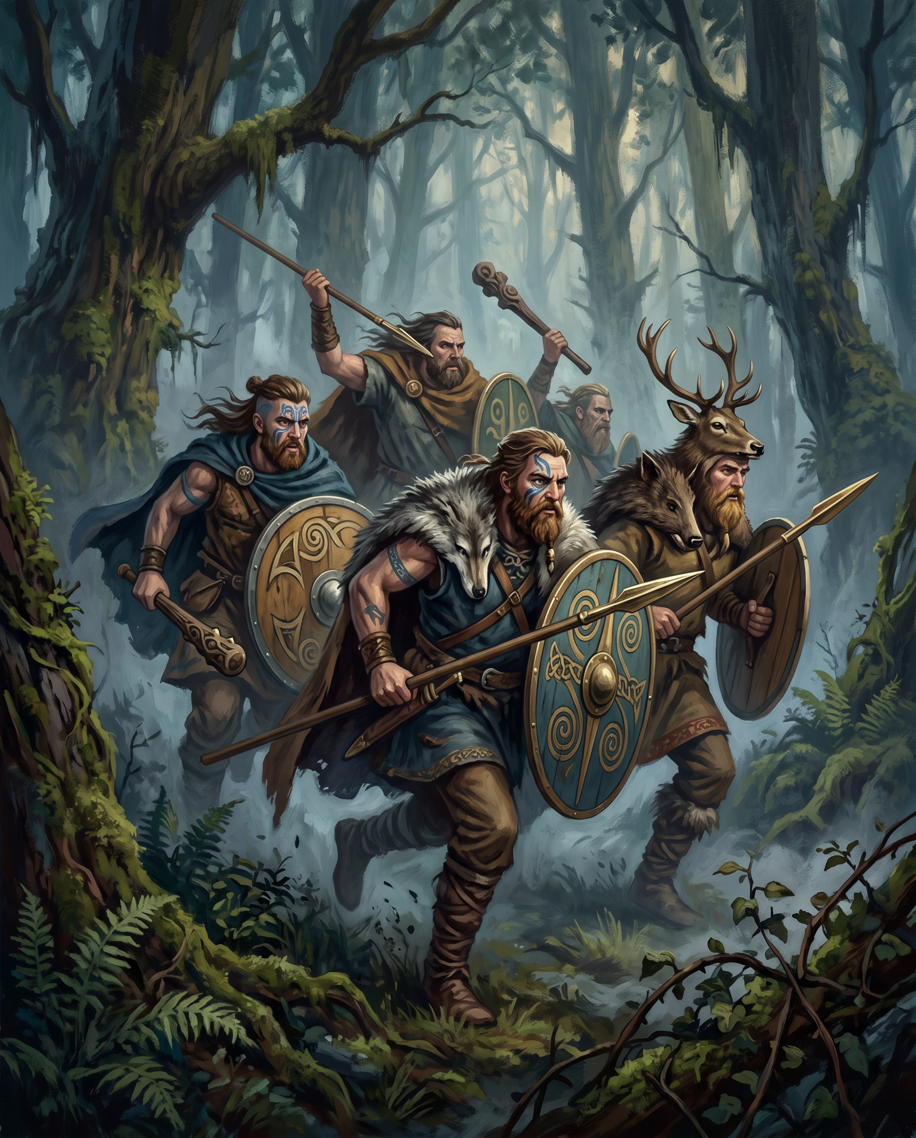 Los Fianna, guerreros élite de la antigua Irlanda, en formación de combate en un bosque celta