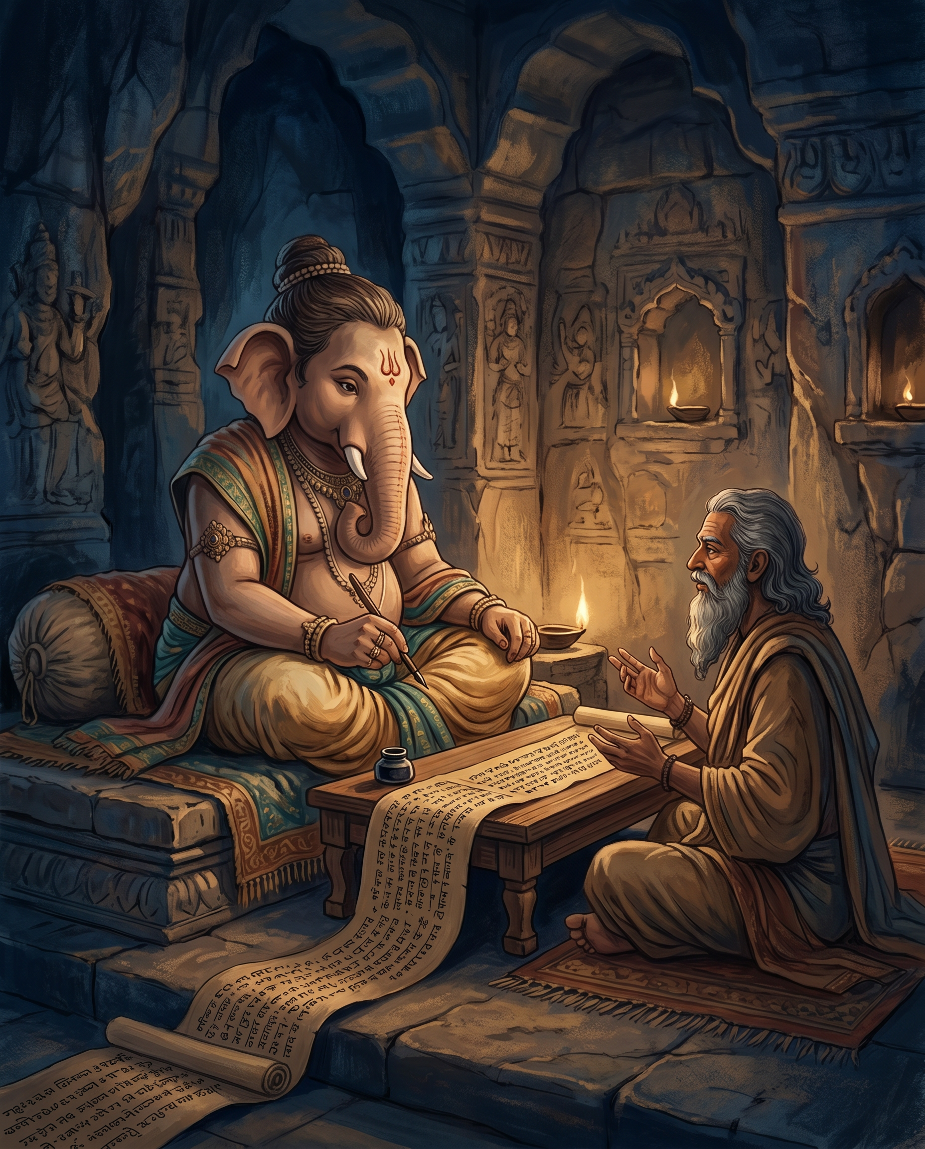 Ganesha escribiendo el <strong>Mahabharata</strong> usando su propio colmillo roto como pluma