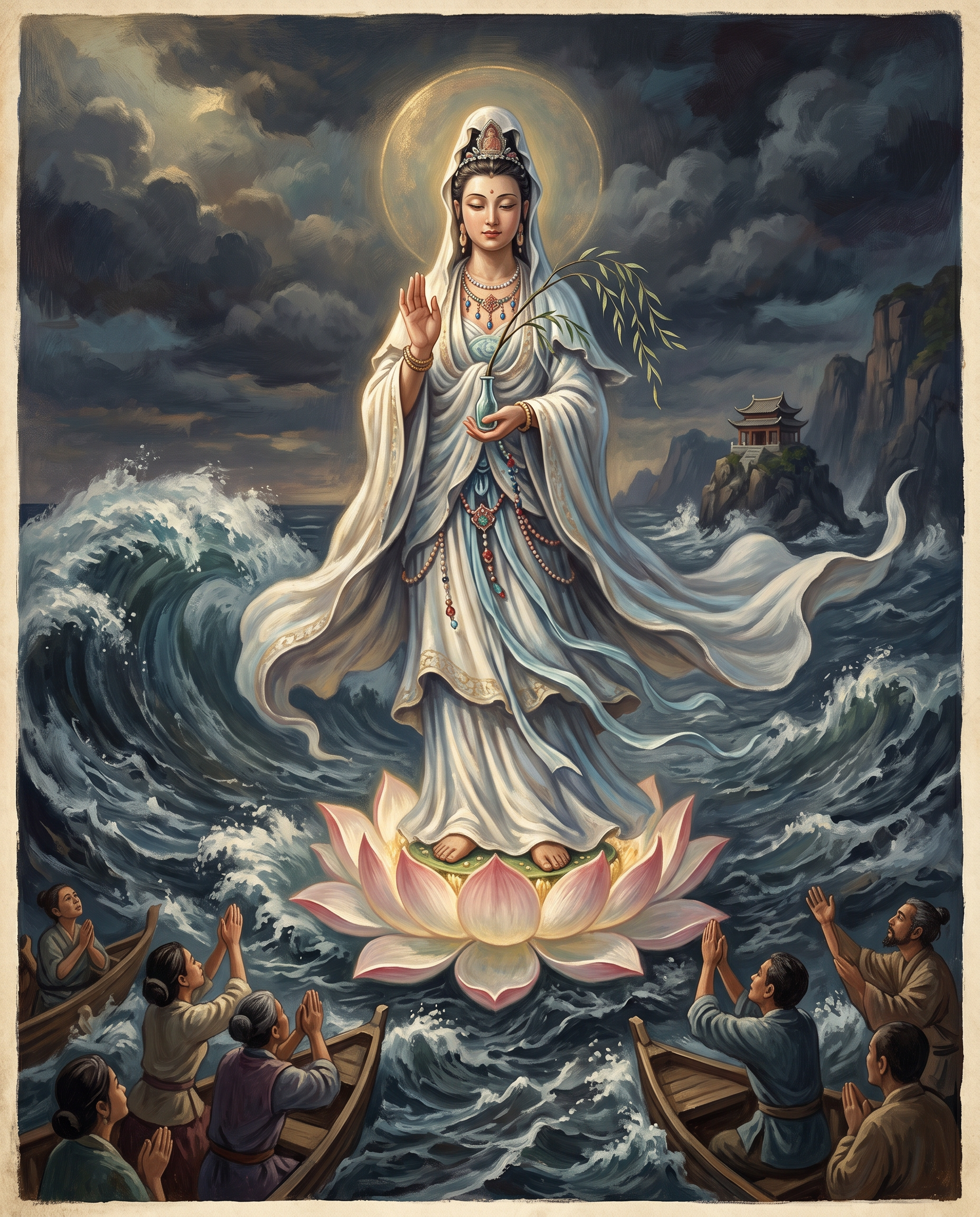 La diosa china Guanyin sobre las olas del mar