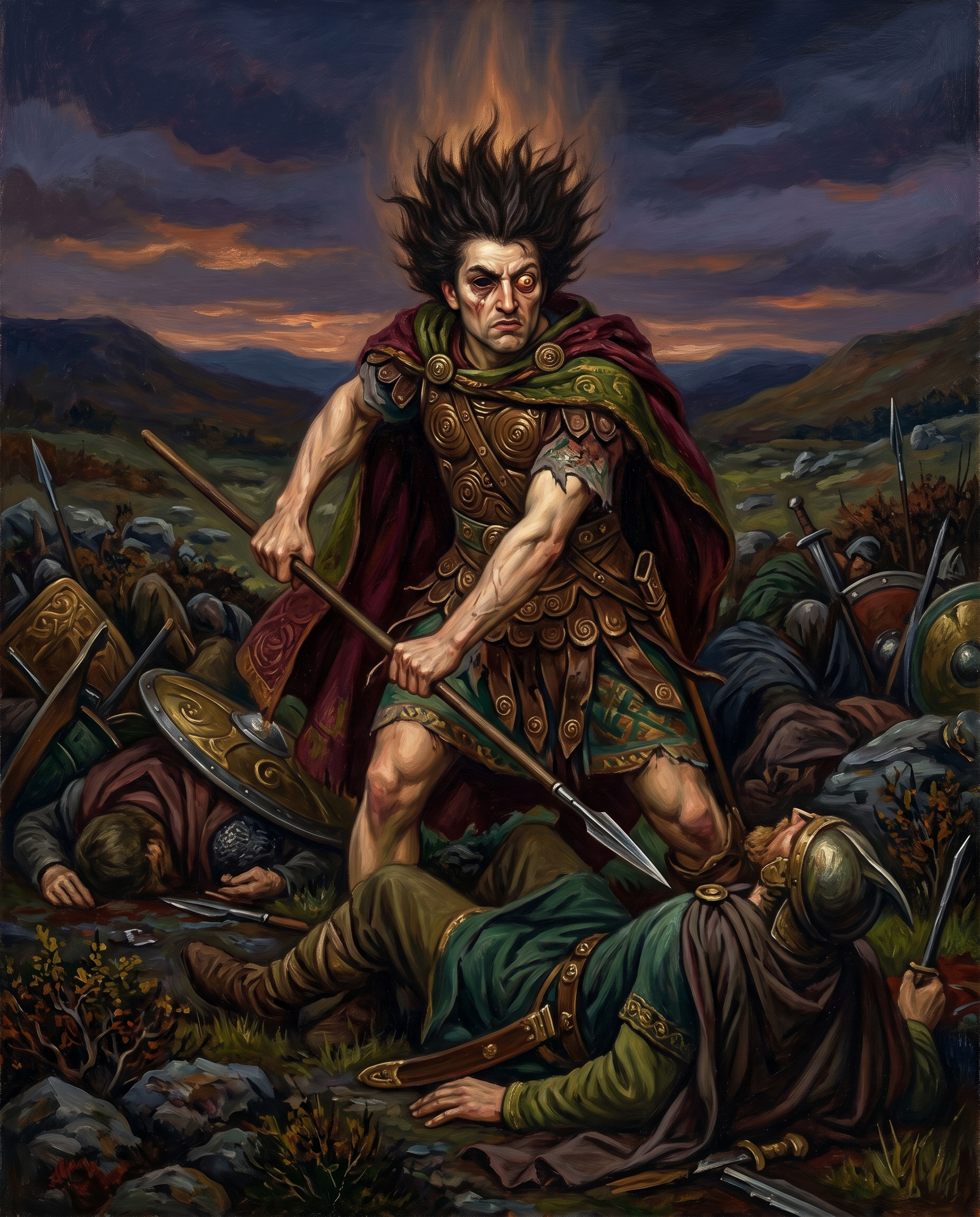 El héroe celta Cú Chulainn poseído por el ríastrad en el campo de batalla