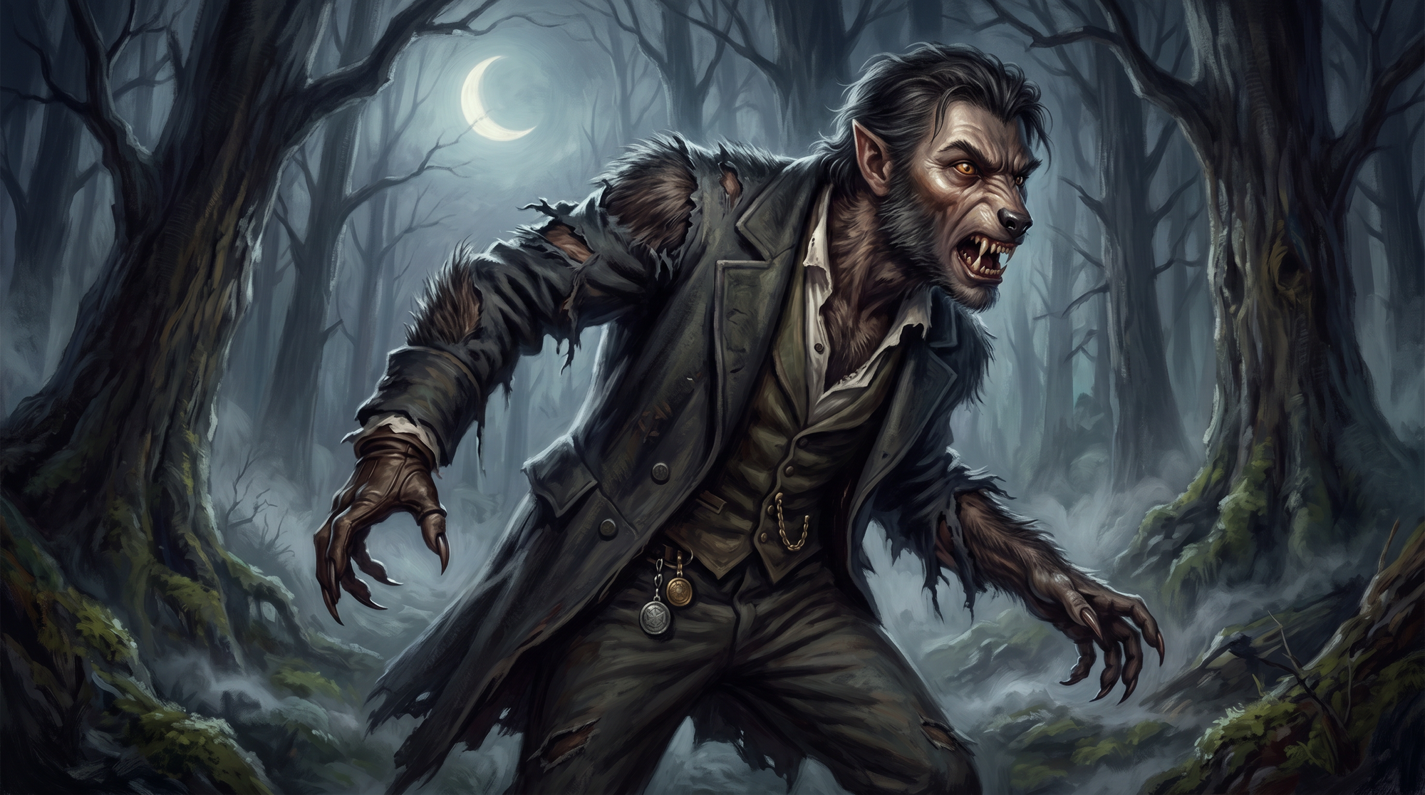 Un hombre lobo aullando a la luna en un bosque oscuro