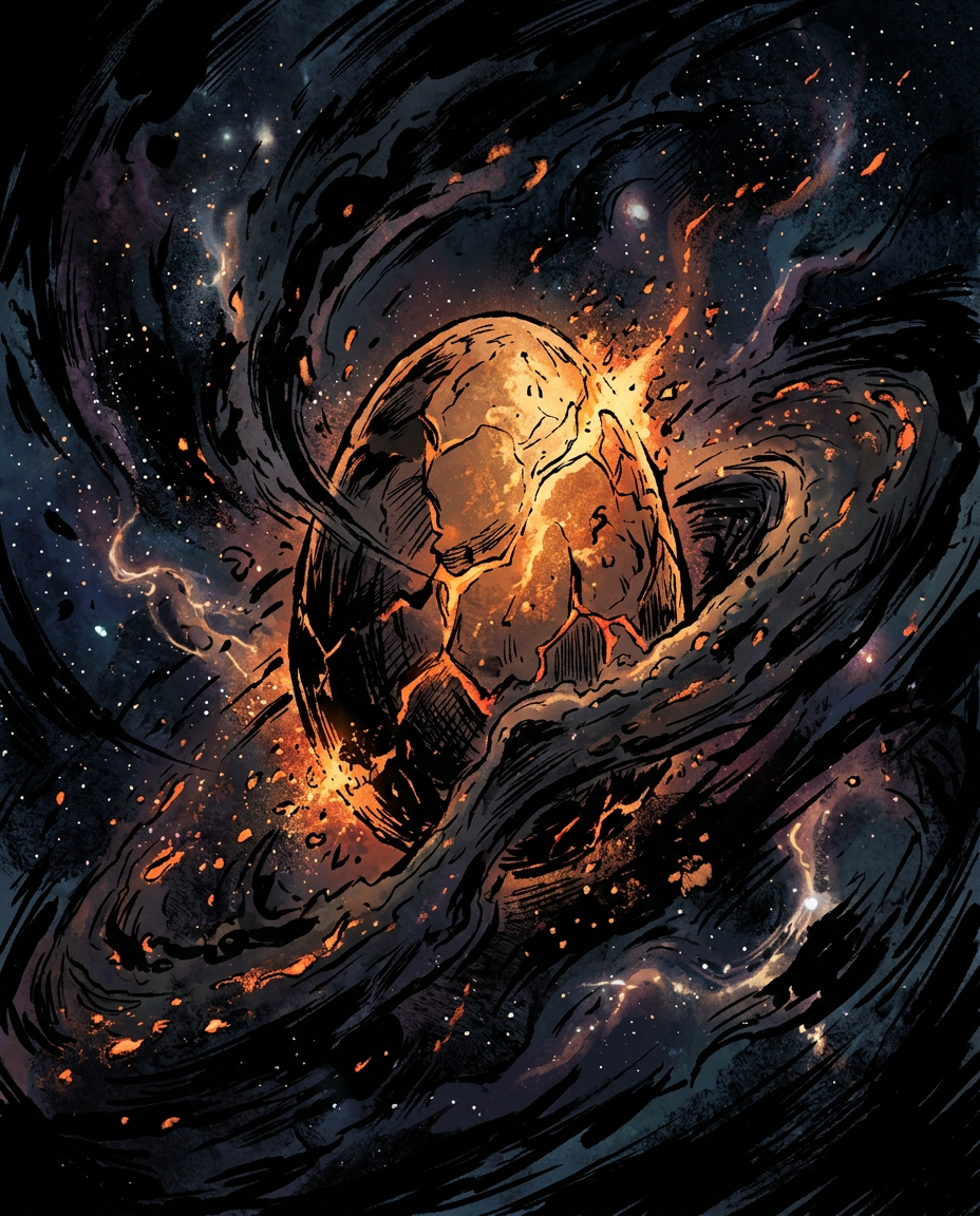 Representación del caos primordial y el nacimiento del universo en estilo novela gráfica