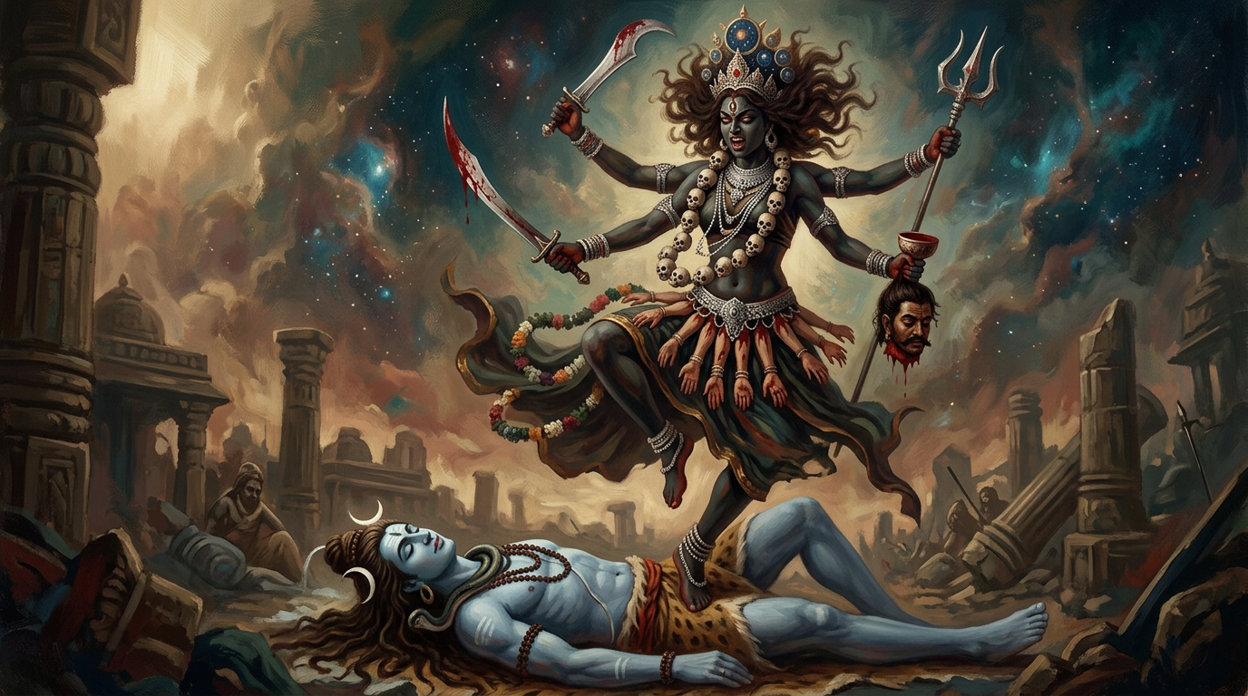 La diosa Kali danzando sobre el pecho de Shiva en un campo de batalla cósmico, rodeada de fuego y sombras