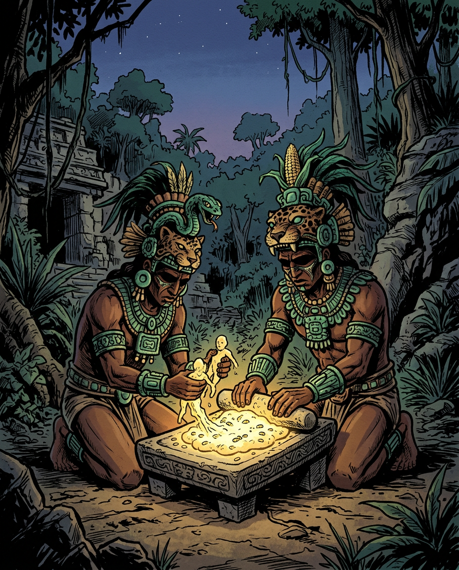 Los dioses mayas amasando la humanidad a partir de maíz