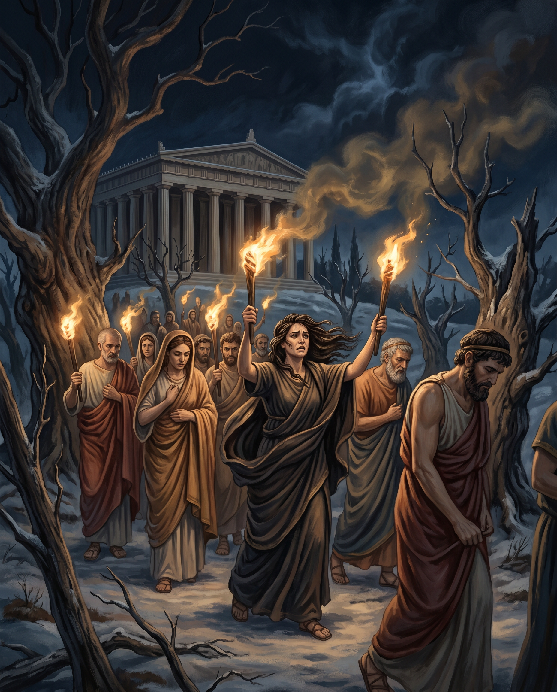 Una procesión de iniciados con túnicas caminando de noche hacia el templo de Eleusis portando antorchas
