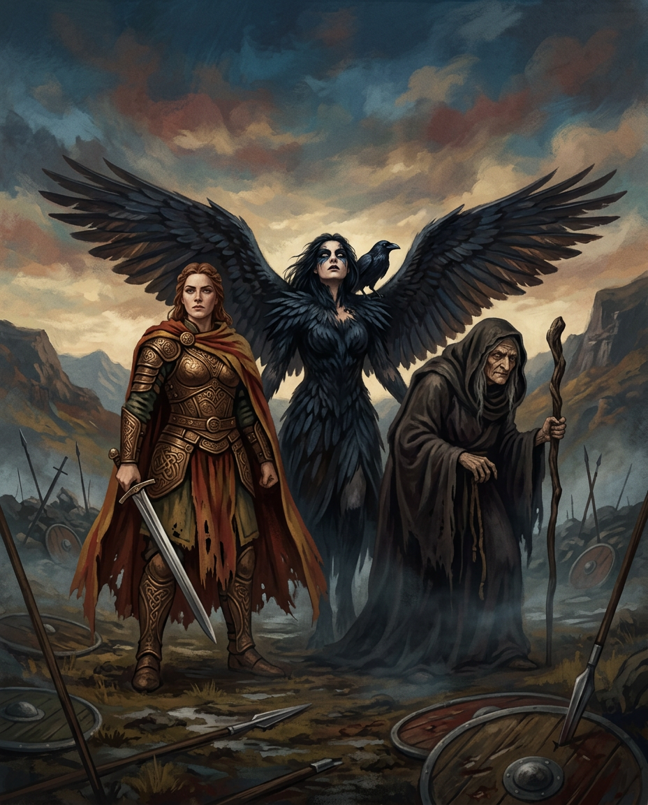 Las deidades celtas a menudo eran tripartitas. La Morrigan, diosa de la guerra, la muerte y la soberanía, podía aparecer como una hermosa reina, una anciana envuelta en sombras, o un cuervo negro que sobrevolaba a los guerreros caídos.