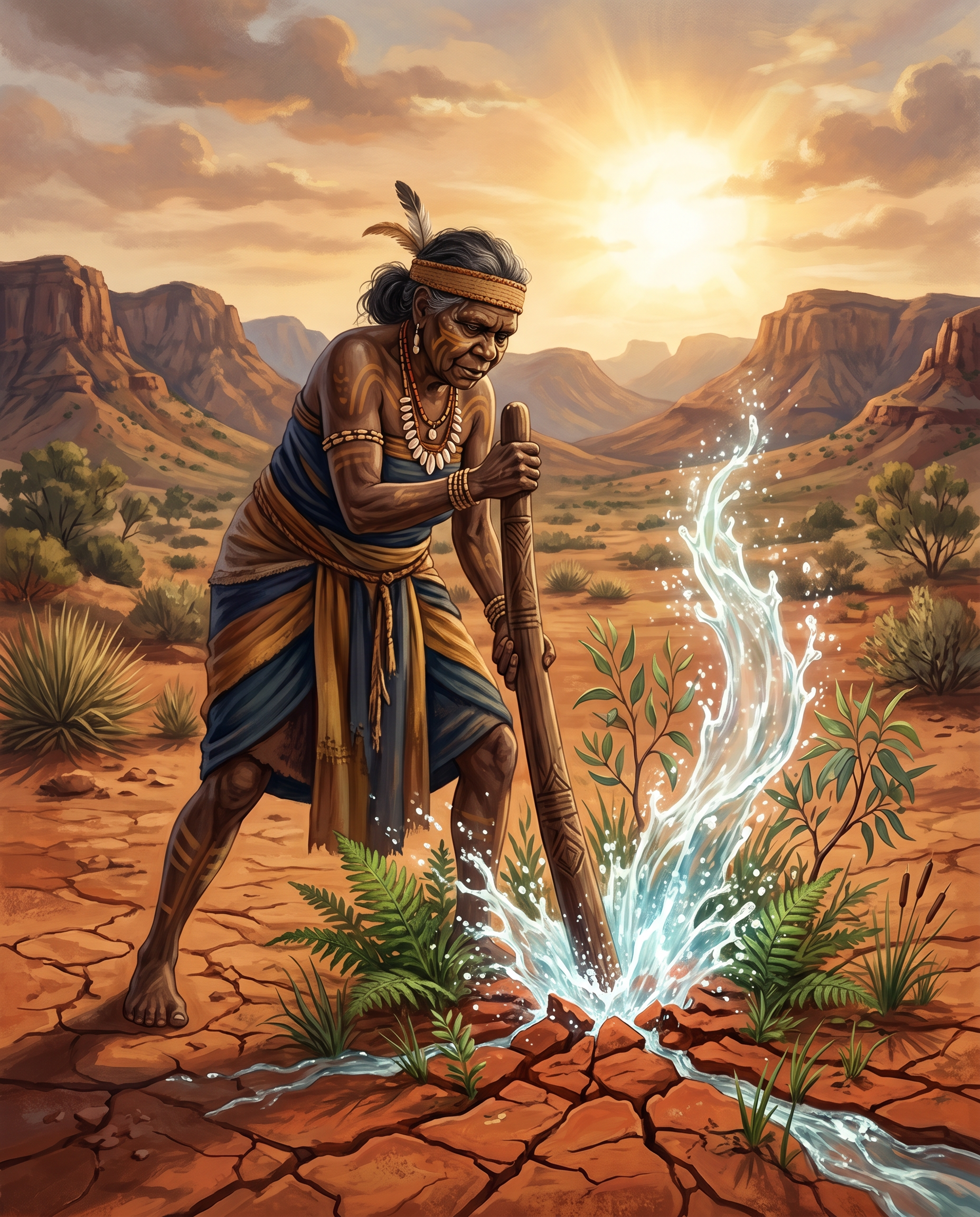 Las hermanas Djang'kawu clavando sus bastones sagrados en la tierra roja del desierto australiano mientras el hermano observa