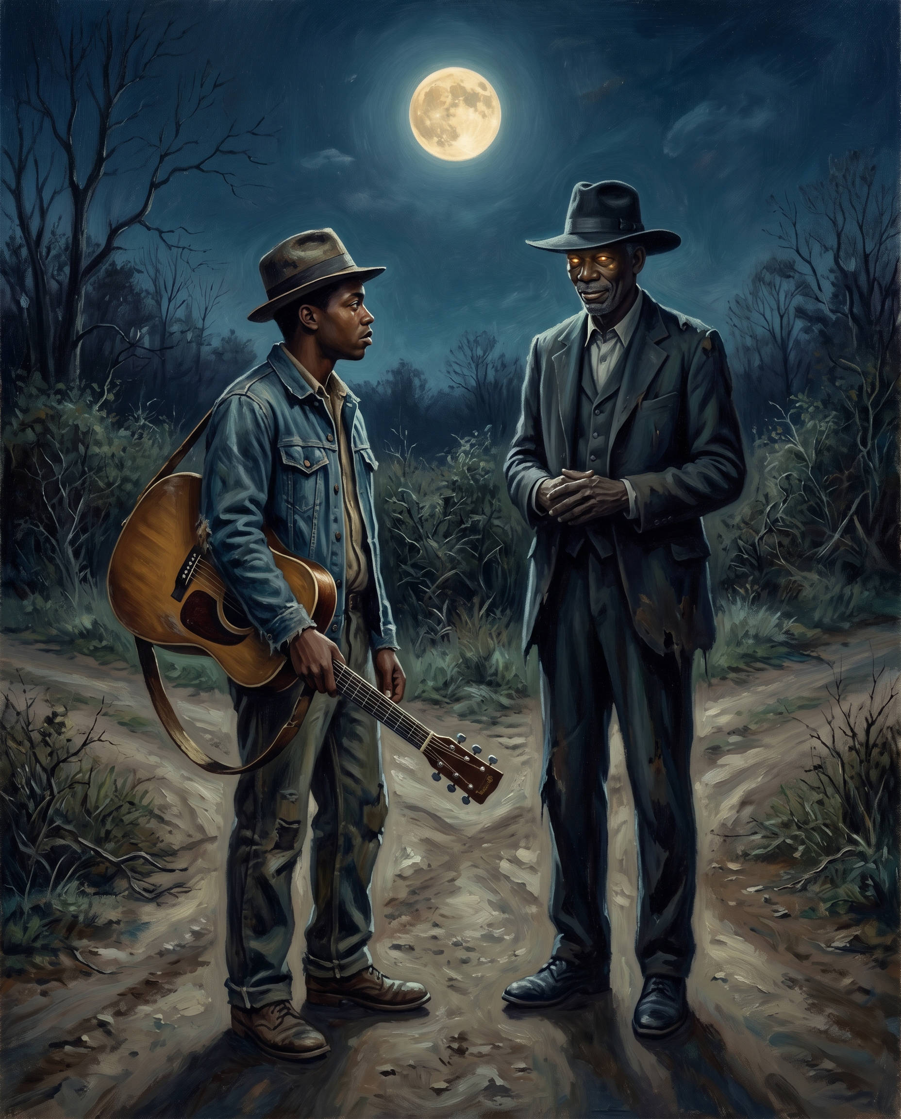 Ilustración de un músico en una encrucijada nocturna