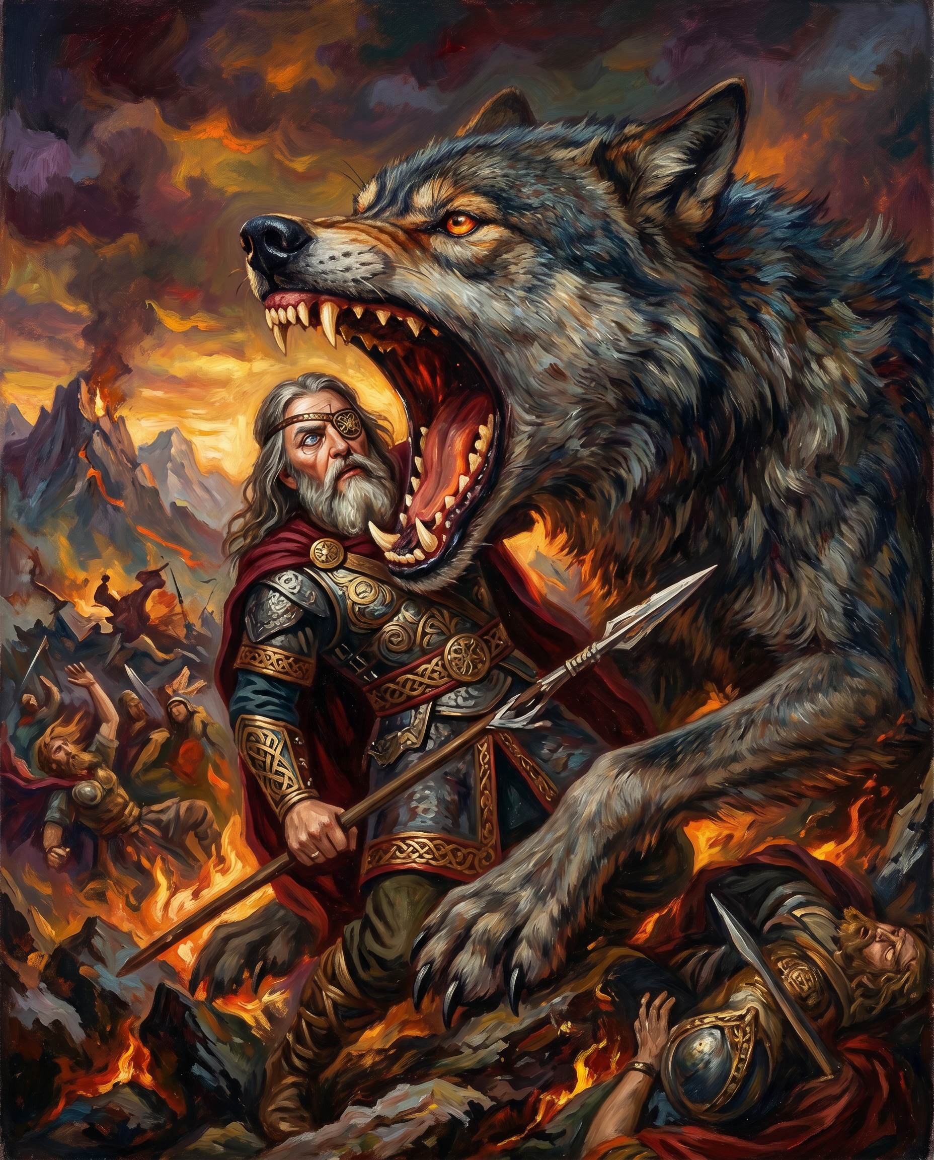 El lobo Fenrir devorando a Odín durante la batalla final del Ragnarök, con las fauces abiertas entre el cielo y la tierra