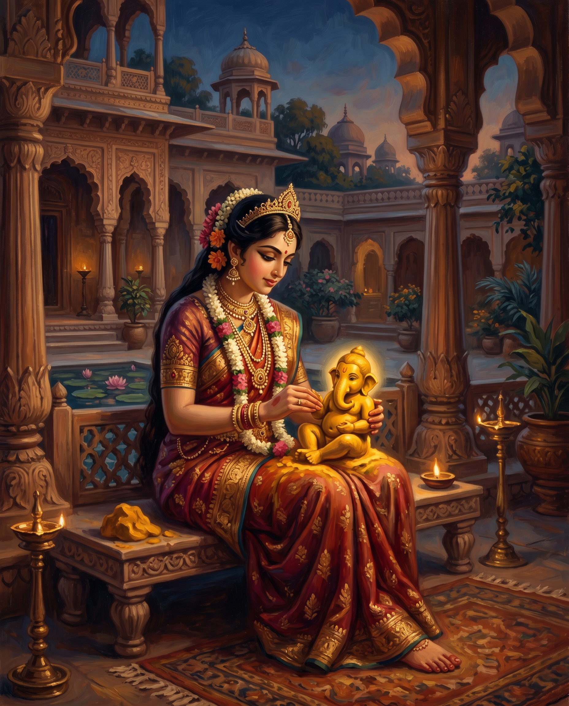La diosa <strong>Parvati</strong> modelando a un niño con arcilla sagrada