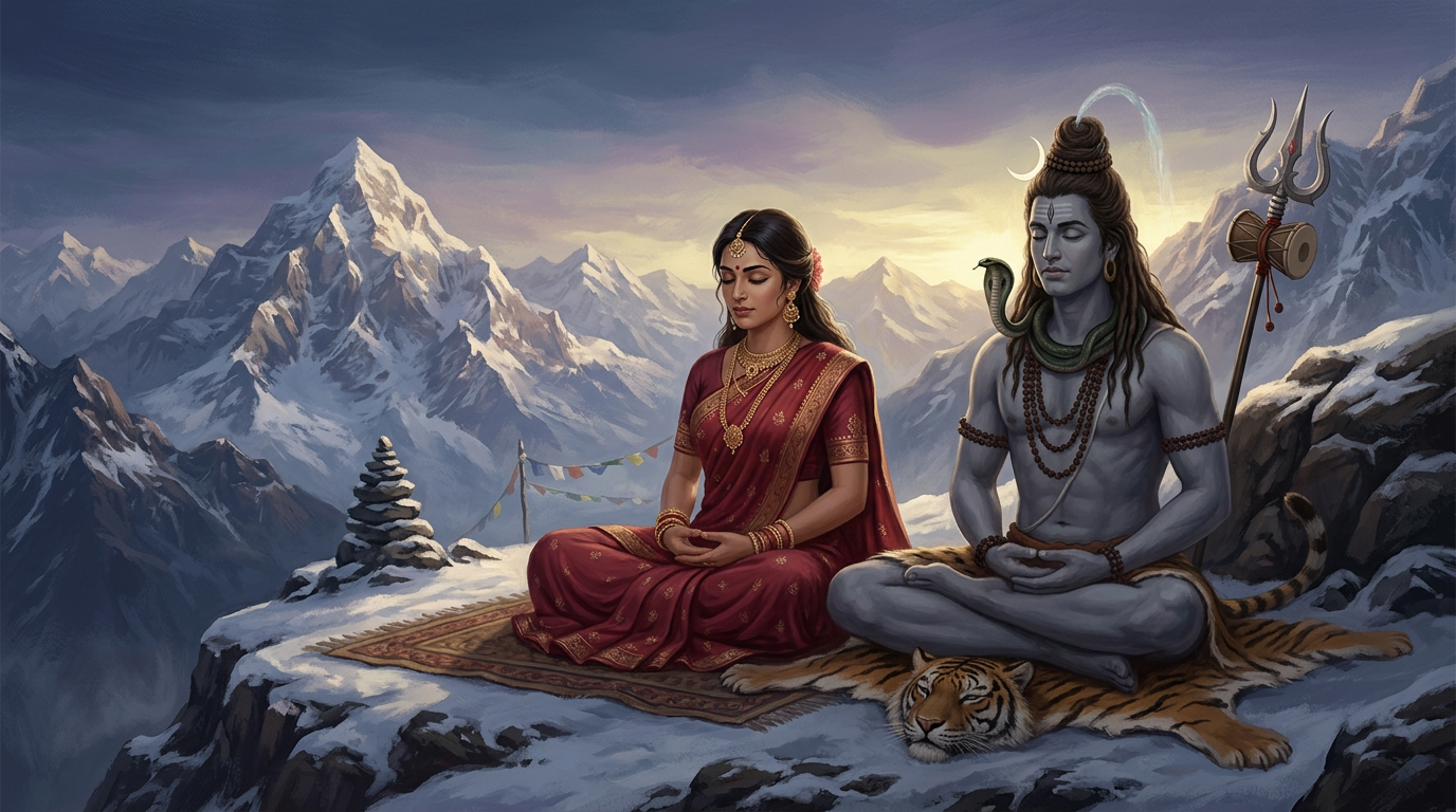 La diosa Parvati, en su forma suave y maternal, meditando en el Himalaya junto al dios Shiva