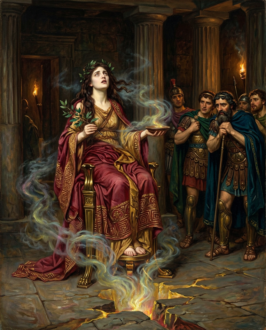 La Pitia en trance sobre el trípode de bronce en el templo de Apolo en Delfos, rodeada de vapores sagrados mientras reyes esperan en la penumbra