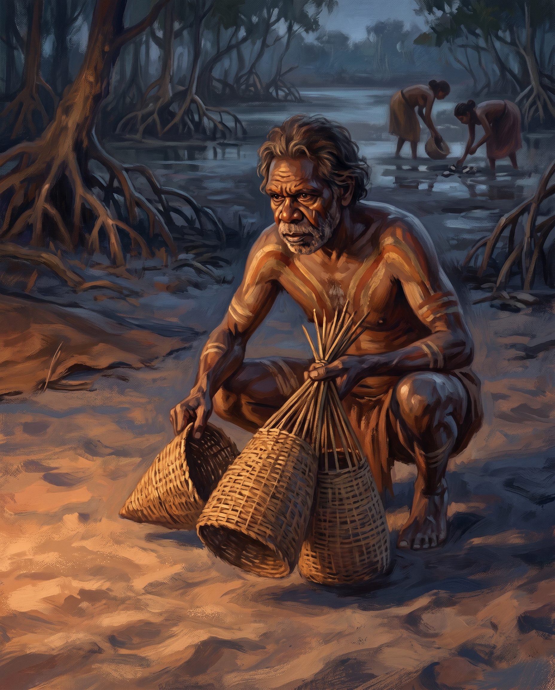 Un hombre ancestral aborigen australiano robando sigilosamente las cestas sagradas nganmarra del campamento mientras las dos hermanas recogen moluscos en el manglar sin saberlo
