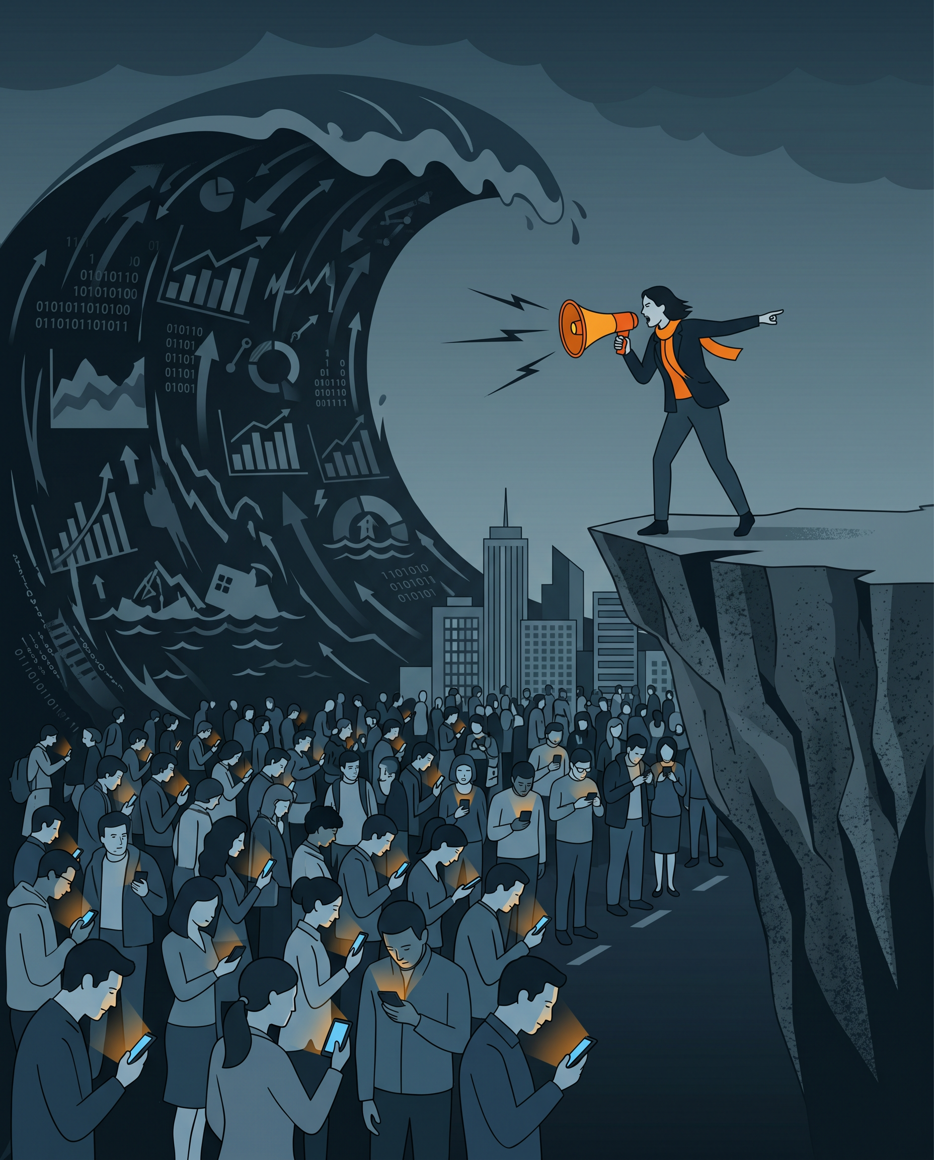 Ilustración conceptual del Síndrome de Casandra: una figura solitaria advierte a una multitud que mira su teléfono mientras una ola gigante se acerca