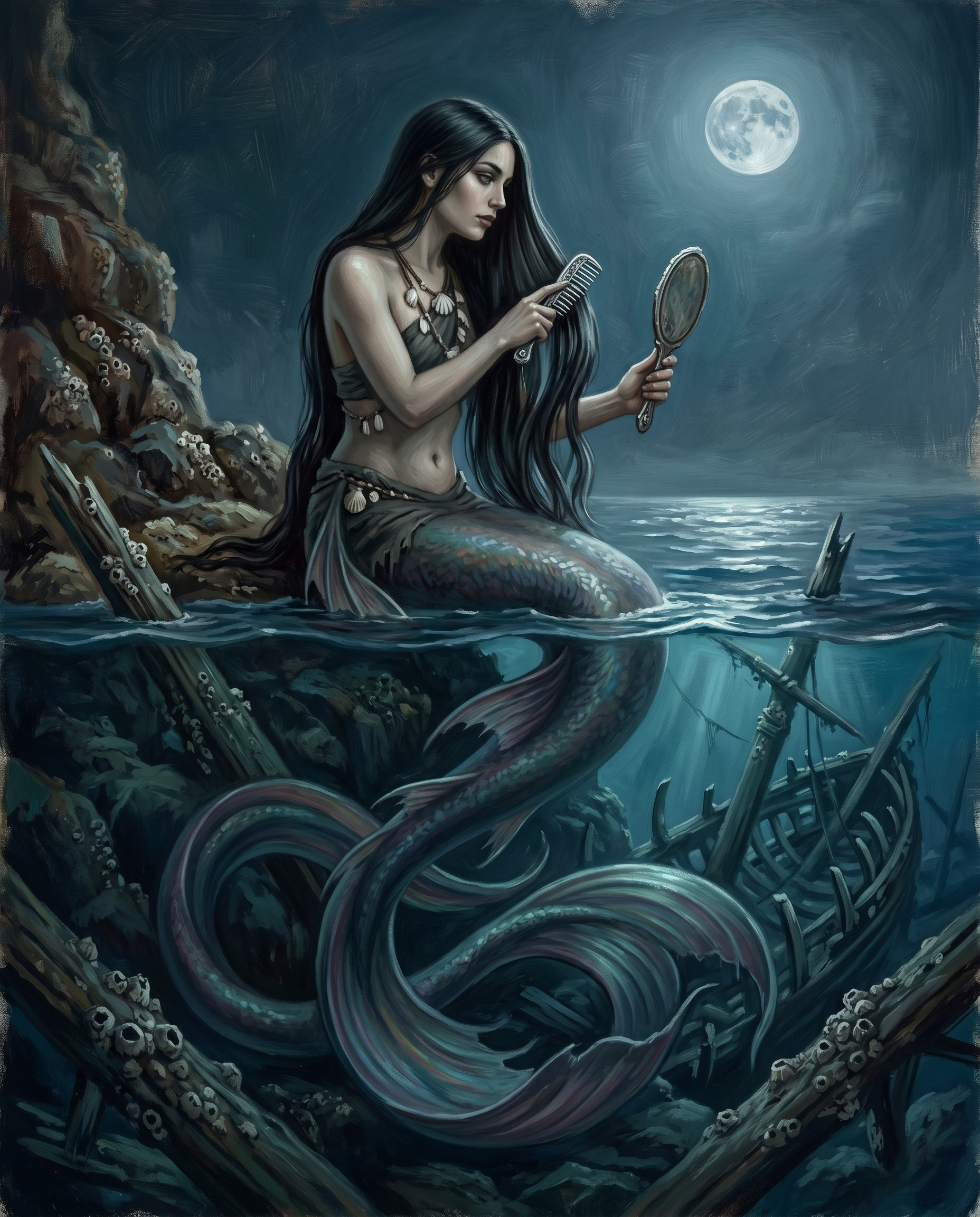 Sirena medieval con espejo y peine en la orilla del mar por la noche, folclore europeo