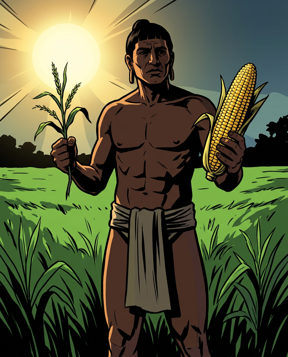 Representación artística de la domesticación del maíz por agricultores mesoamericanos