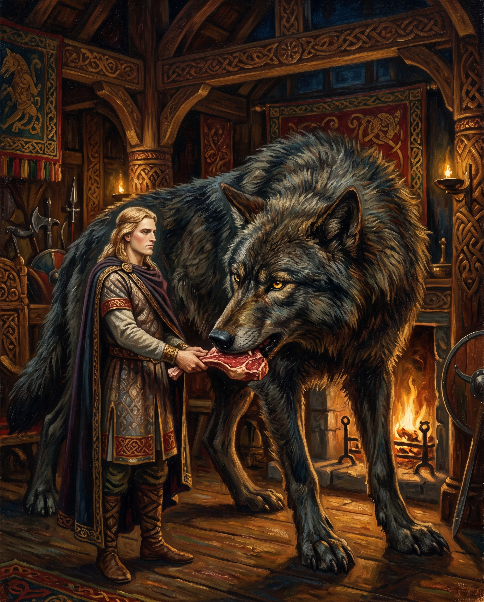 El dios Tyr alimentando a Fenrir en los pasillos de Asgard, el único dios con valor suficiente para acercarse al monstruo