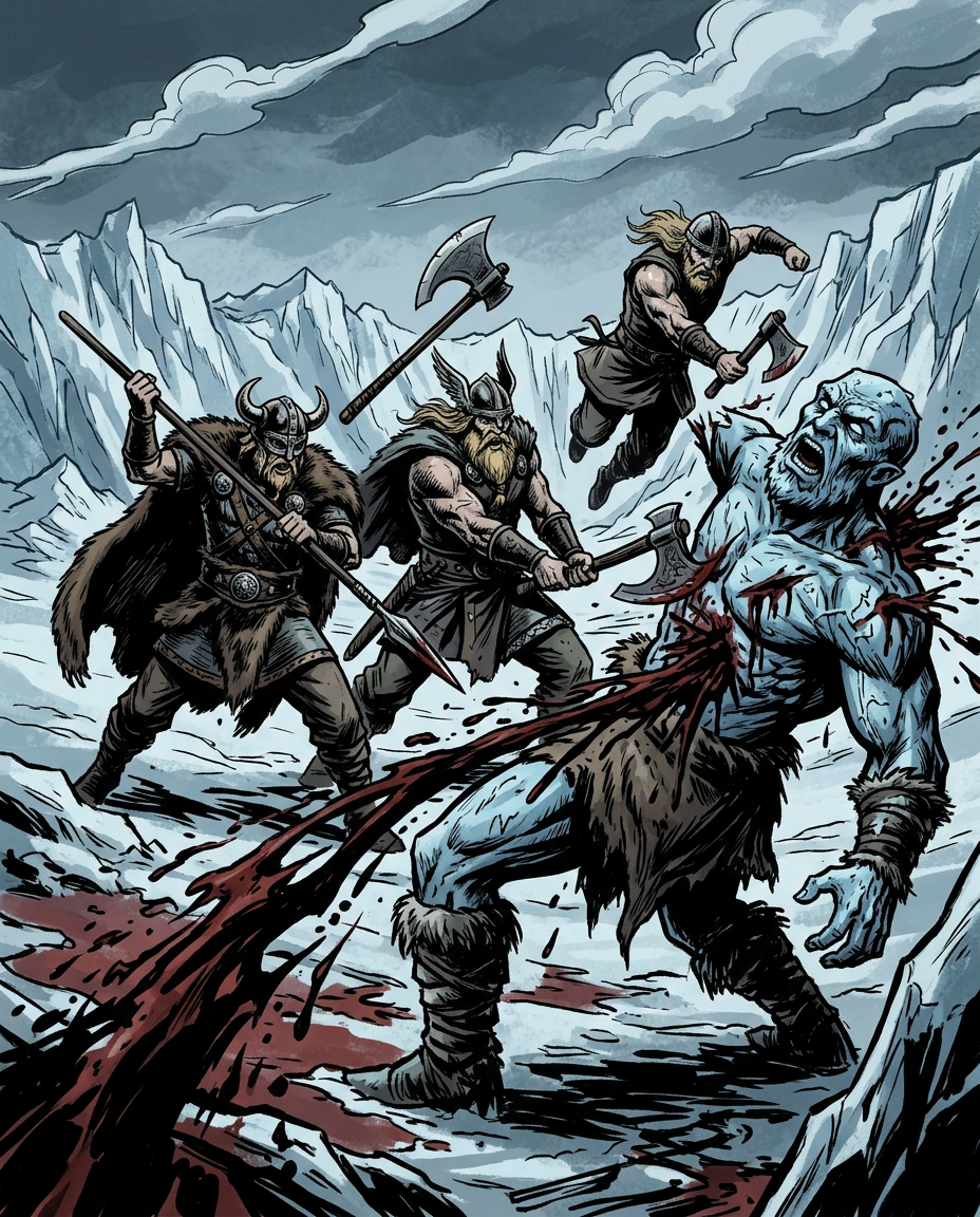 Los dioses nórdicos Odín, Vili y Ve asesinando al gigante de hielo Ymir