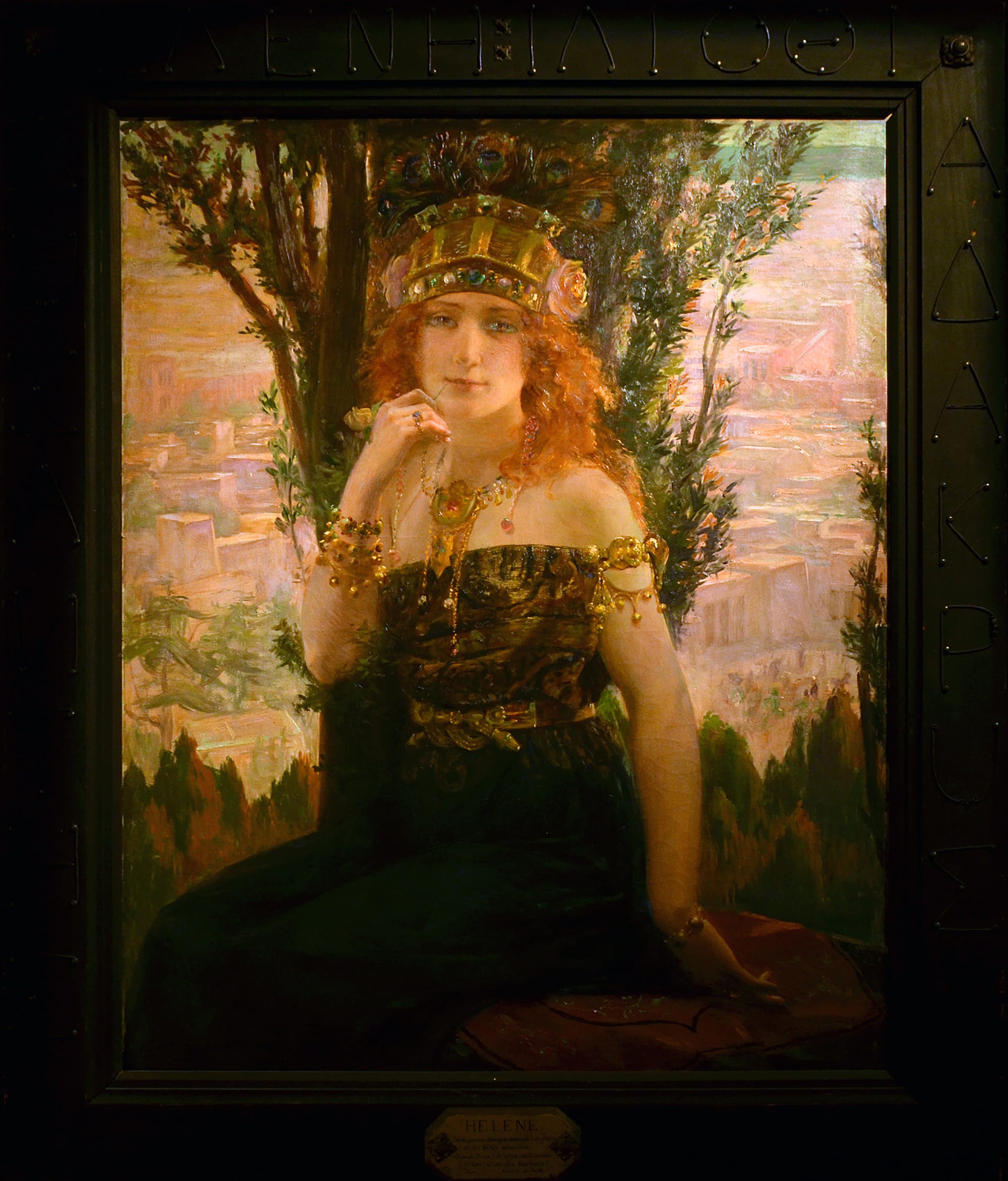 Pintura de Helena de Troya con cabello rojizo, mirando fijamente al espectador con una expresión enigmática y desafiante