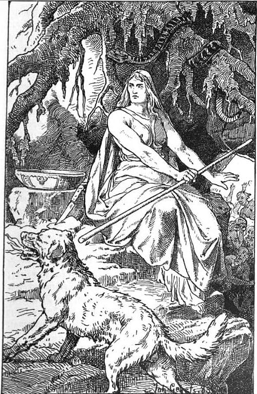 Grabado del siglo XIX que representa a la diosa Hel de pie junto al perro guardián de su reino en el inframundo nórdico
