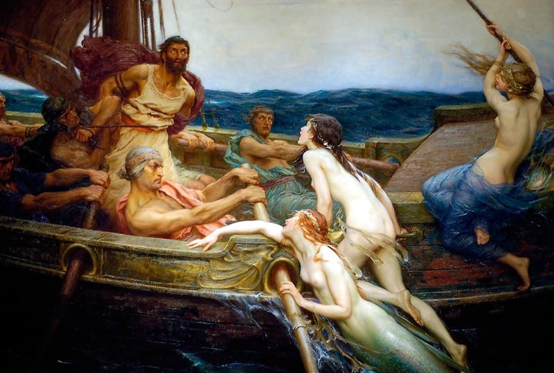 Pintura clasica de Ulises atado al mastil de su nave mientras las sirenas lo rodean