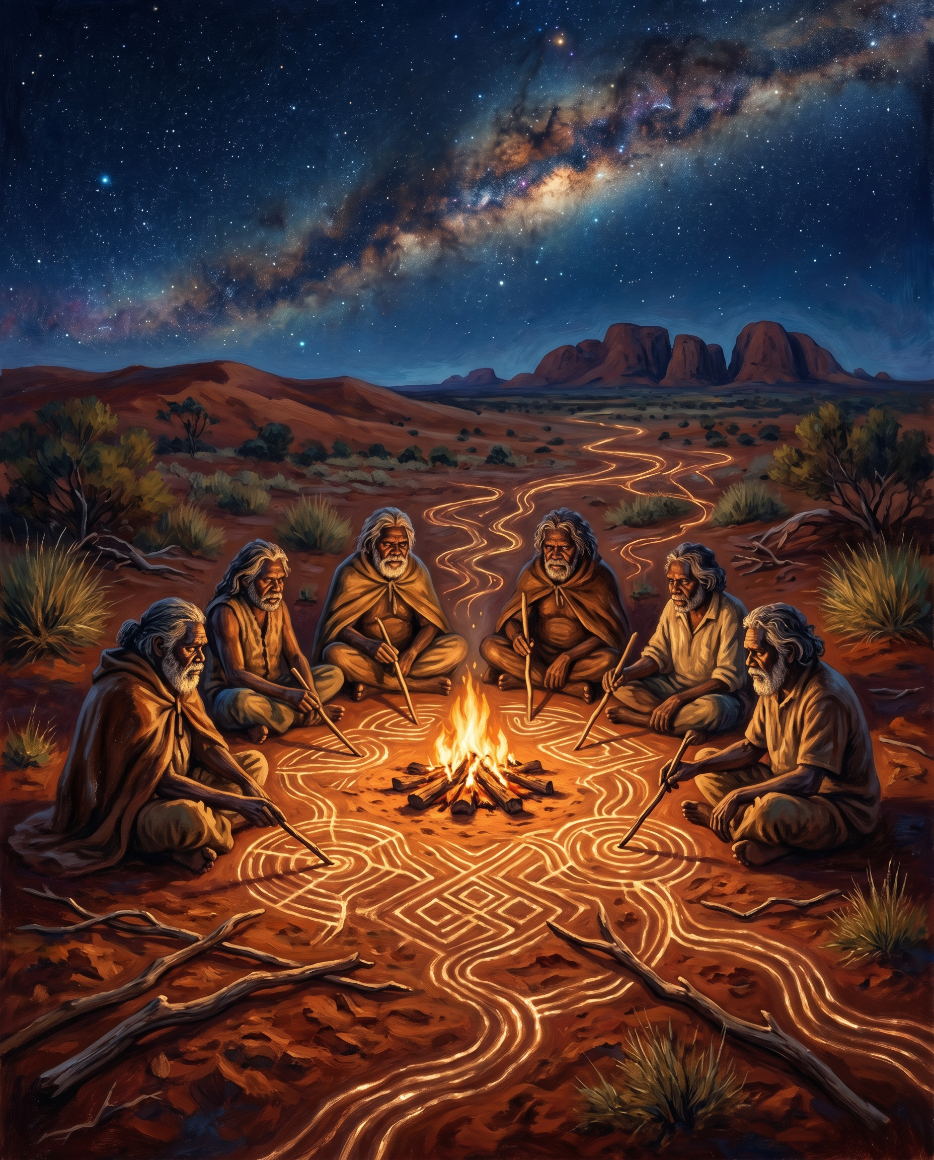 Un grupo de ancianos aborígenes sentados alrededor de un fuego en el desierto, trazando mapas de las Líneas de Canto en la arena roja mientras cantan