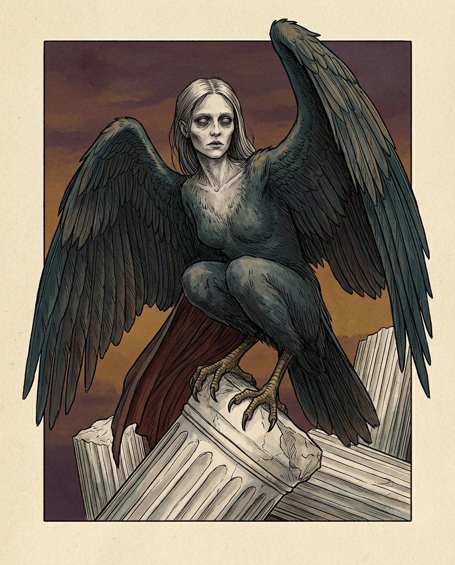Ilustración de una Arpía solitaria posada sobre ruinas griegas, con alas extendidas y expresión de hambre insaciable, en tonos ocres y azules oscuros