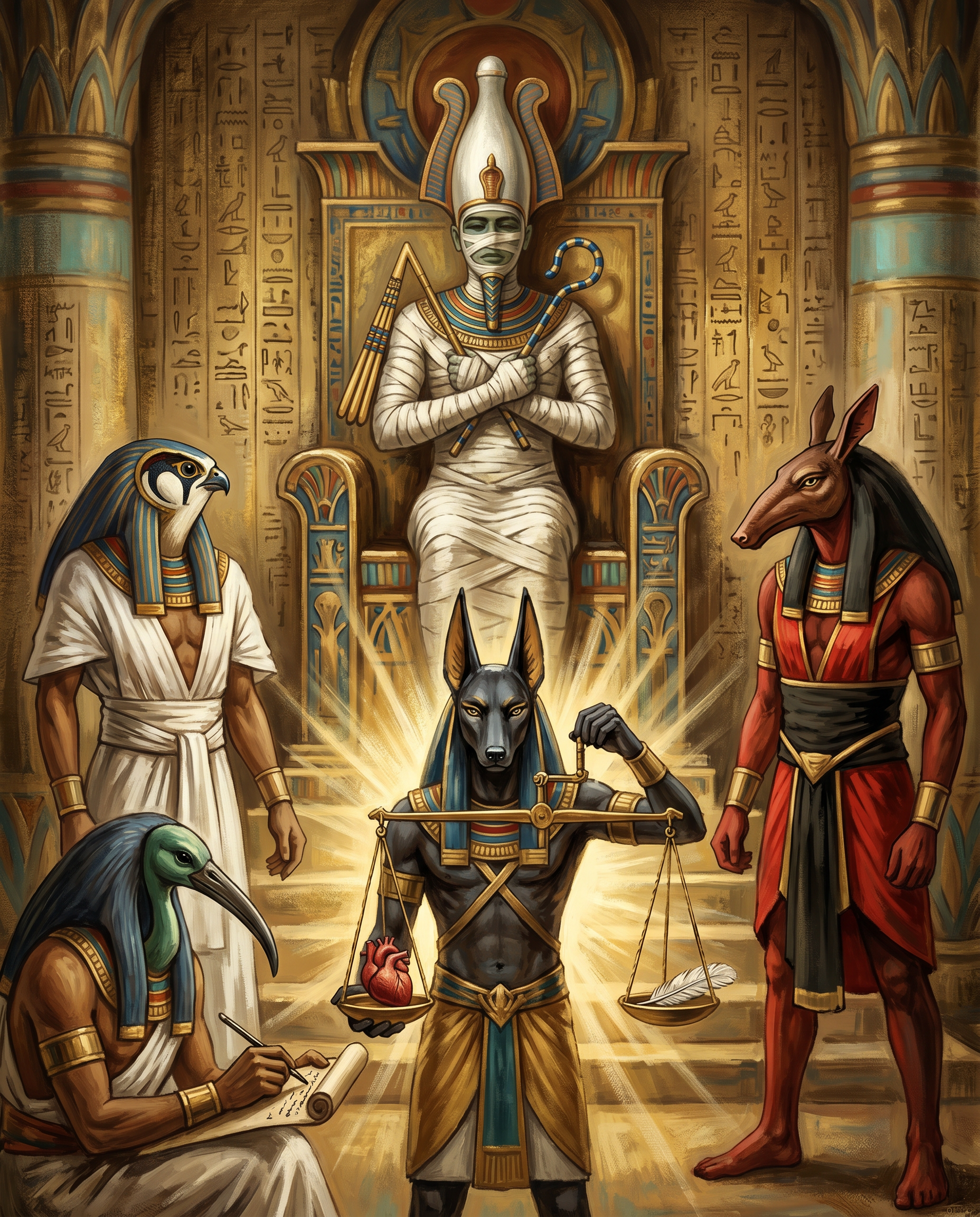 El juicio de Horus ante el tribunal de los dioses, con Osiris presidiendo y Thoth anotando el veredicto mientras Anubis pesa el corazón