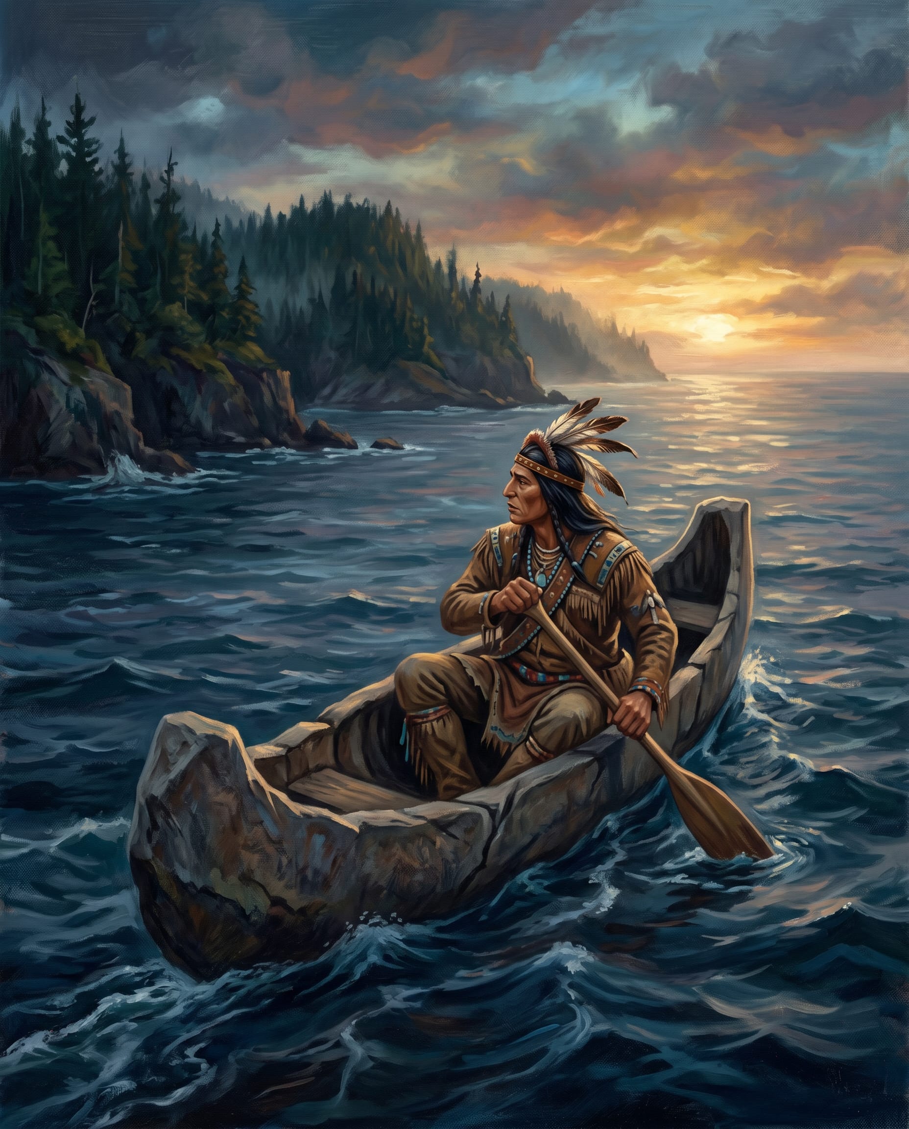 Gluskap remando en su canoa de piedra hacia el horizonte, alejándose de la costa