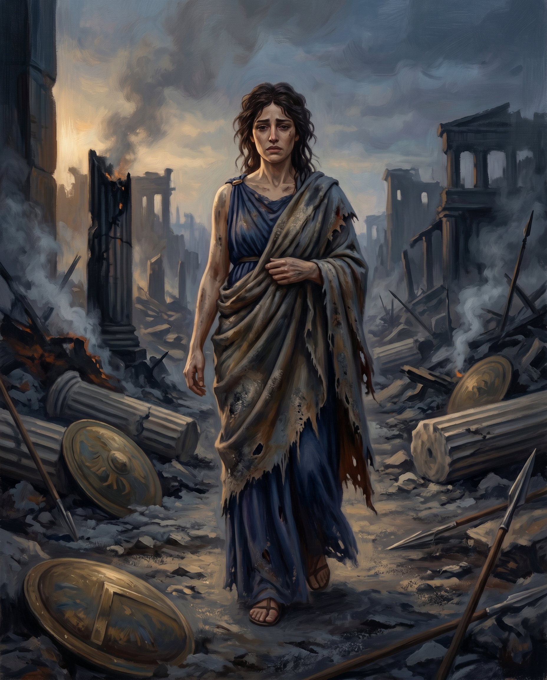 Una figura femenina solitaria envuelta en telas ricas, caminando entre las ruinas humeantes de una antigua ciudad, con soldados caídos a su alrededor