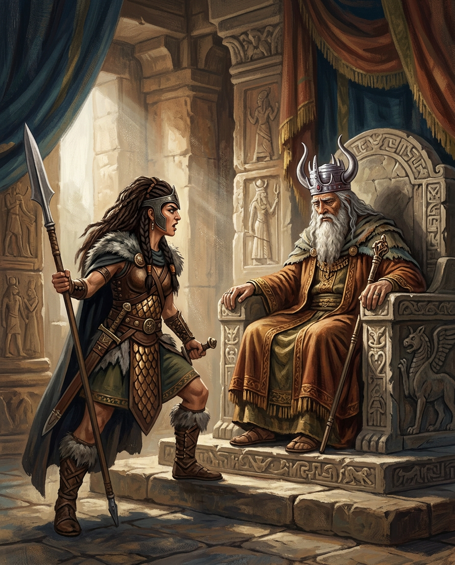 Ilustración de la fiera diosa Anat enfrentándose al anciano dios El en su trono, exigiendo venganza mientras él la observa con resignación