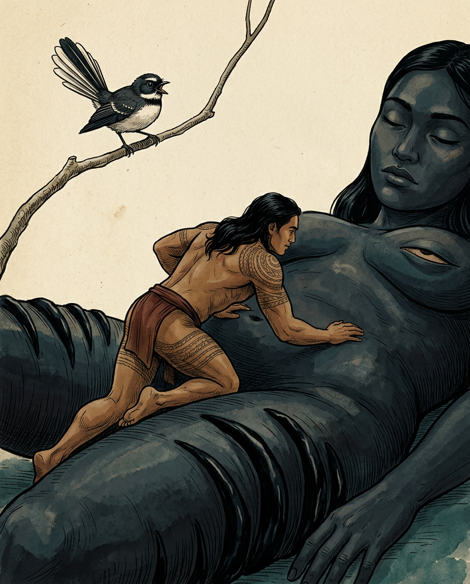 Un joven polinesio tatuado se introduce en el cuerpo de una diosa gigante dormida mientras un pájaro pequeño abre el pico sobre una rama