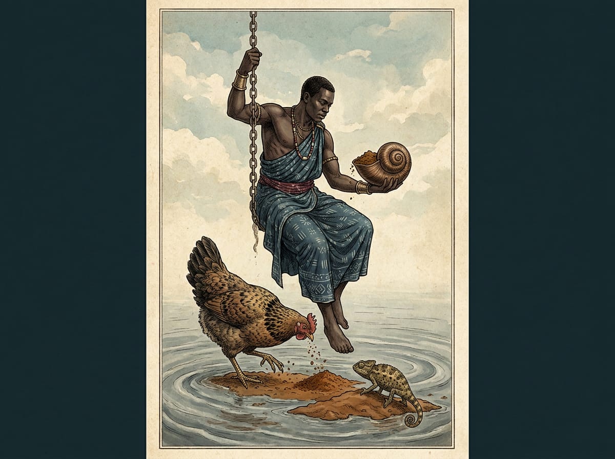 Divinidad africana descendiendo por una cadena desde el cielo con un caracol lleno de tierra, mientras una gallina esparce la tierra sobre el agua y un camaleón la pisa