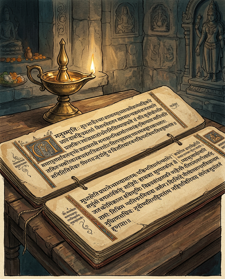 Manuscrito antiguo de hojas de palma con escritura sánscrita del Manusmriti iluminado por una lámpara de aceite en un interior de piedra