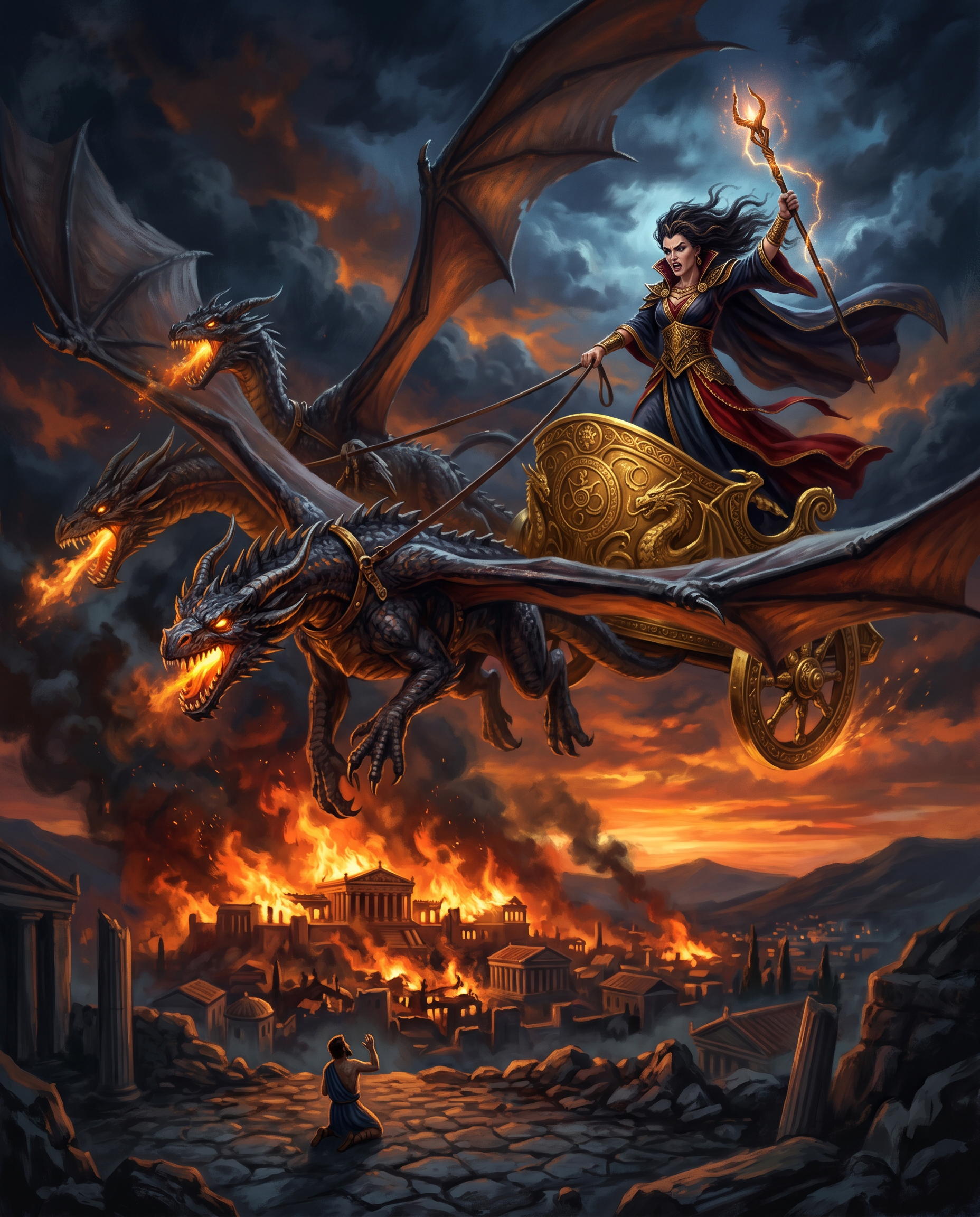 Medea huyendo hacia el cielo nocturno en un carro dorado tirado por dos feroces dragones alados, dejando atrás el palacio en llamas de Corinto y a un Jasón desesperado en el suelo
