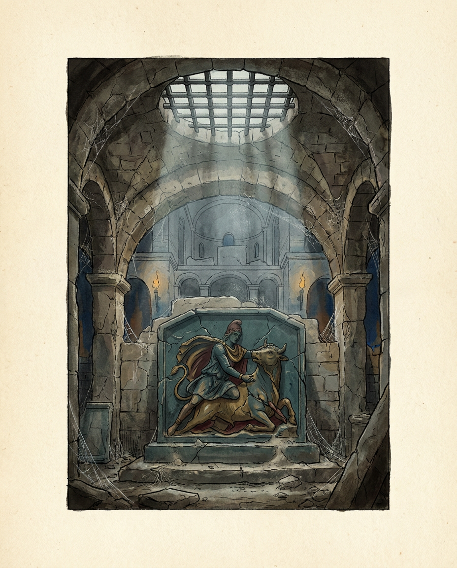 Ilustración editorial de las ruinas de un templo de Mithras abandonado bajo una iglesia cristiana