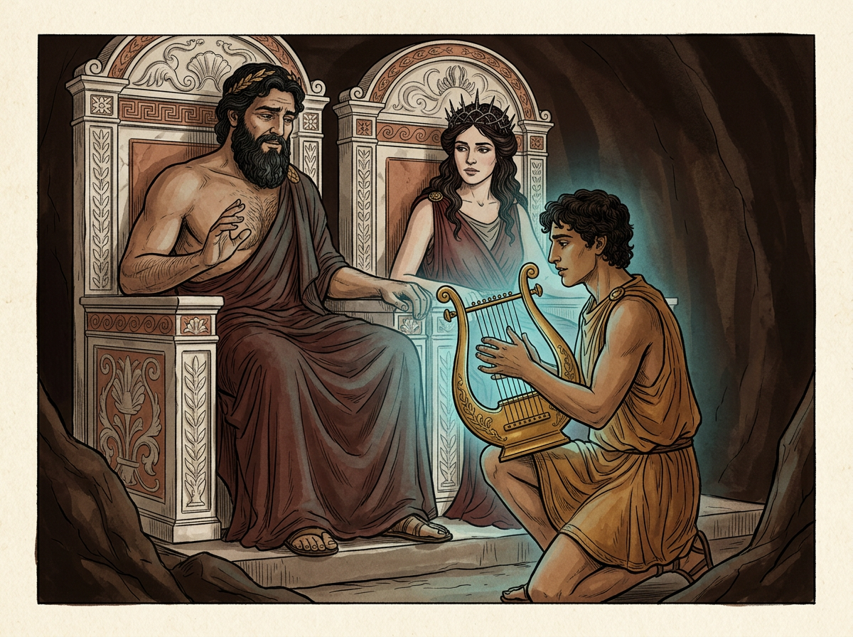 Orfeo tocando la lira ante Hades y Perséfone entronizados en el inframundo