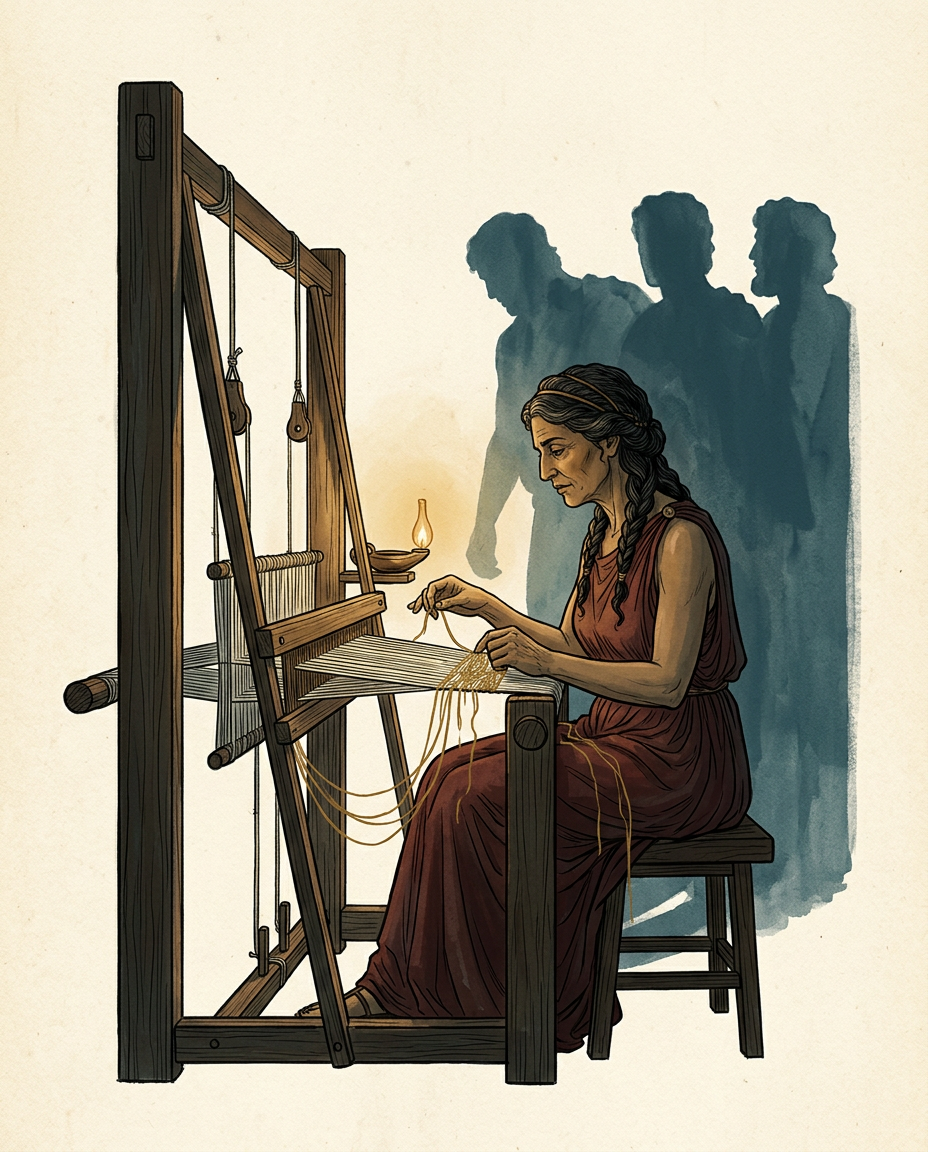 Penelope destejiendo de noche el sudario en su telar a la luz de una lampara de aceite