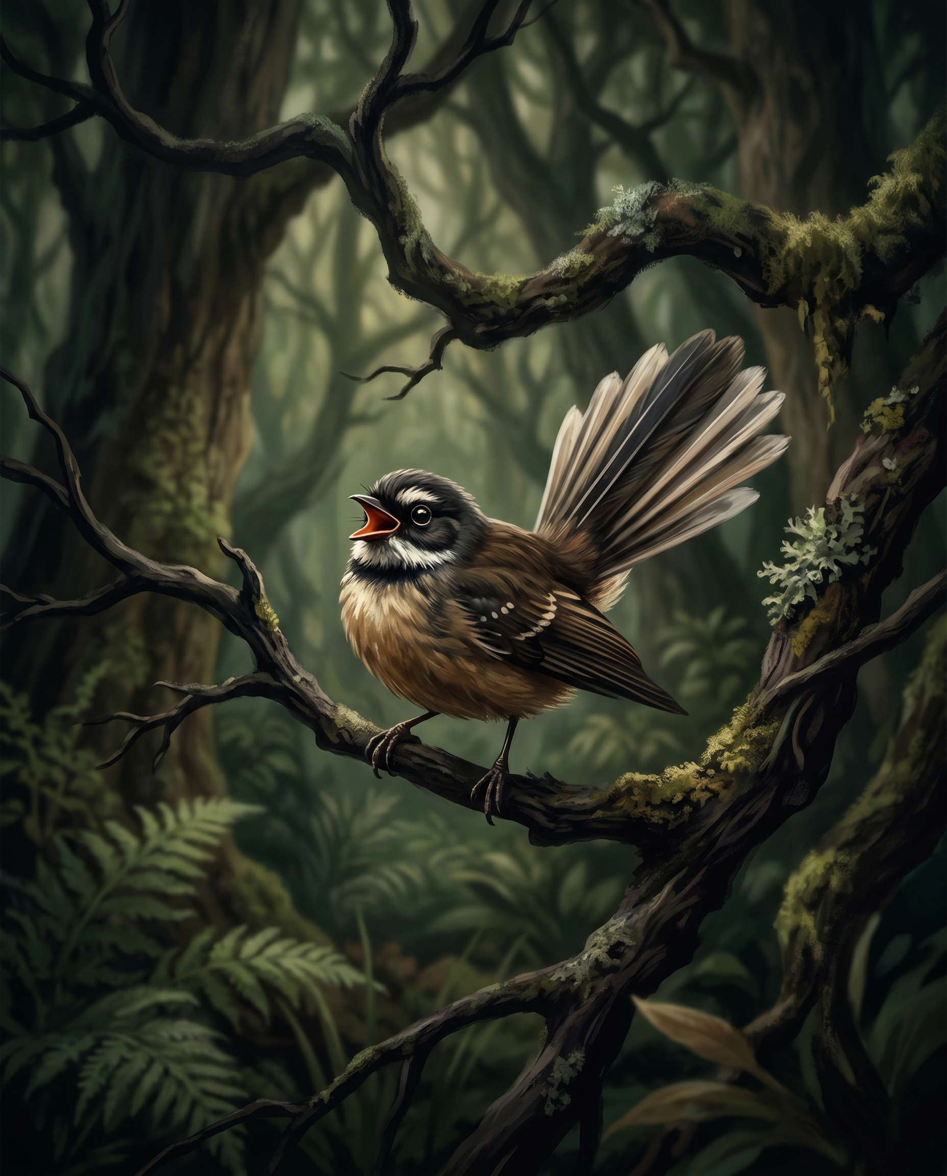Un pequeño pájaro maorí posado en una rama retorcida en un bosque oscuro, con el pico abierto como si estuviera cantando o riendo a carcajadas