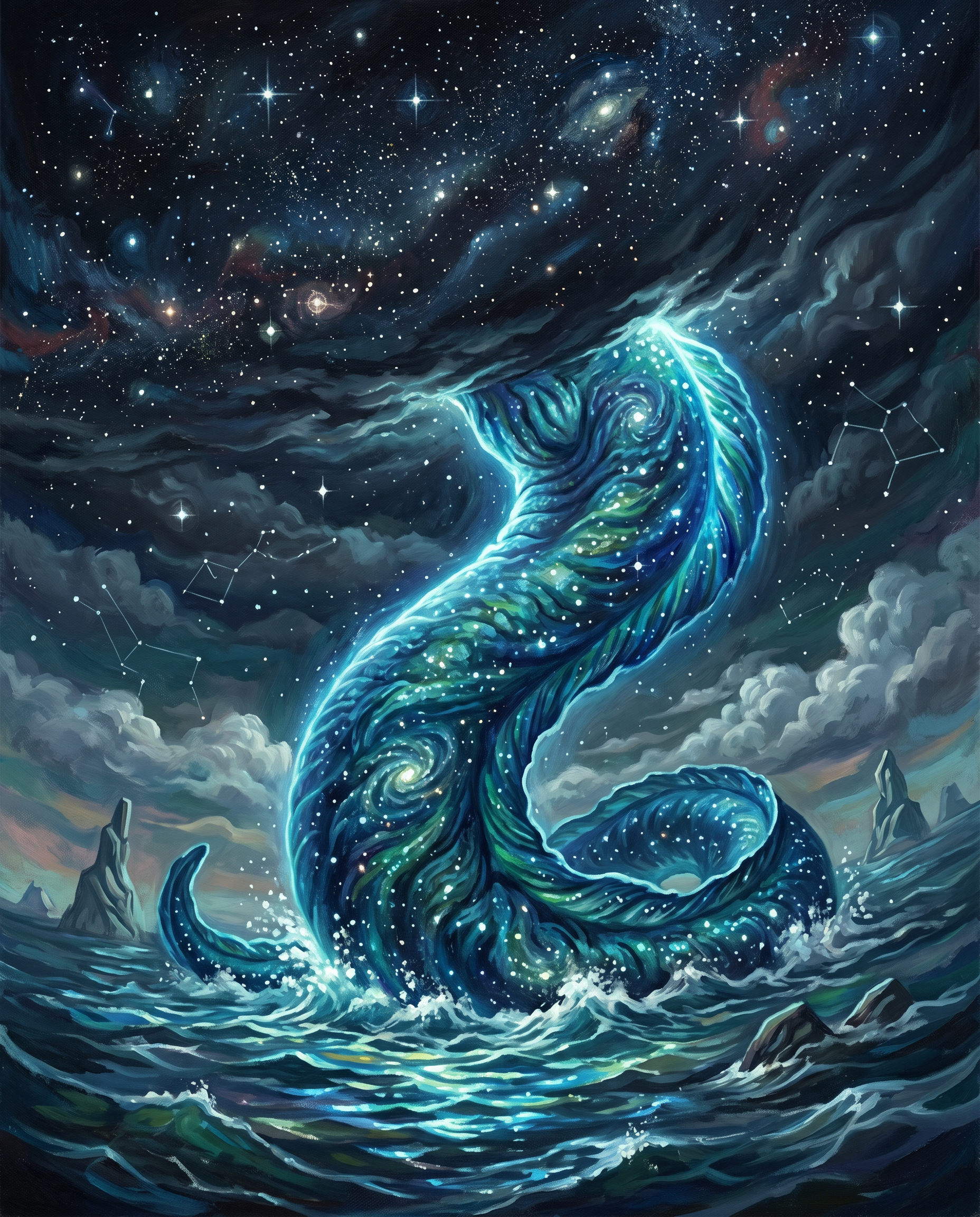 Ilustración editorial de la gran anguila Riiki empujando el cielo estrellado hacia arriba
