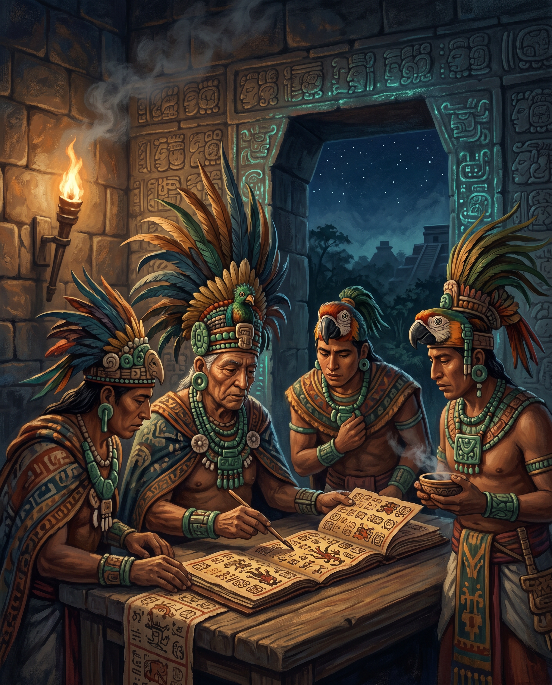 Sacerdotes mayas consultando un códice bajo la supervisión de Itzamná en un templo de Palenque, con glifos calendáricos iluminados por antorchas y el cielo nocturno lleno de estrellas