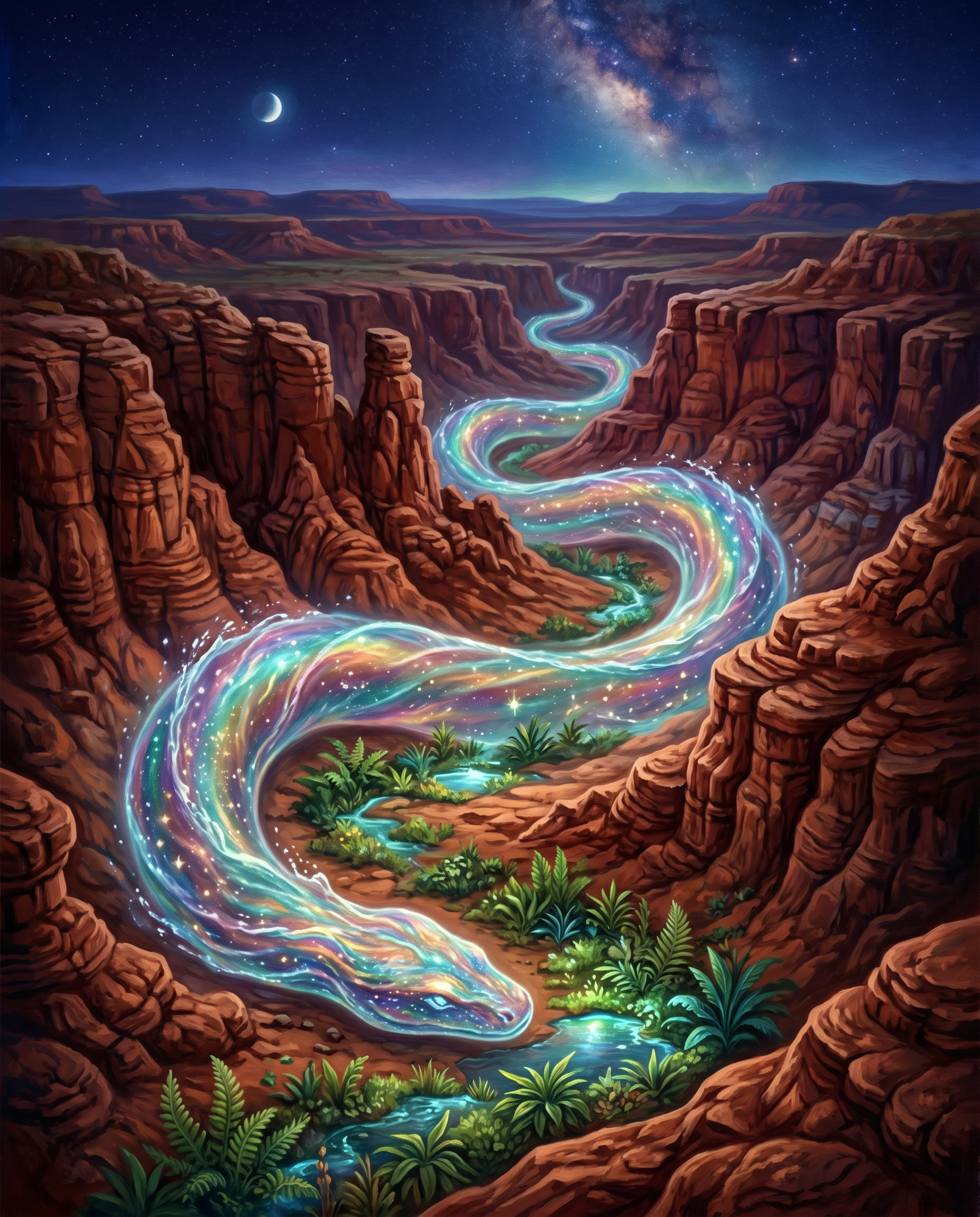 La Serpiente del Arco Iris deslizándose a través de un cañón del desierto australiano, dejando un rastro de agua brillante y vegetación a su paso