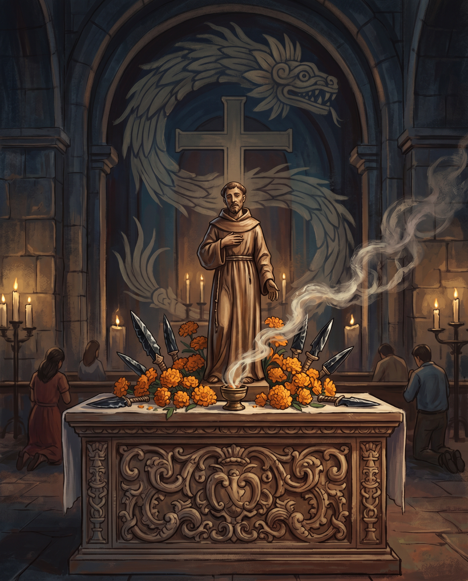 Ilustración editorial de una mujer indígena colocando ofrendas de flores naranjas y velas en un altar de muertos tradicional