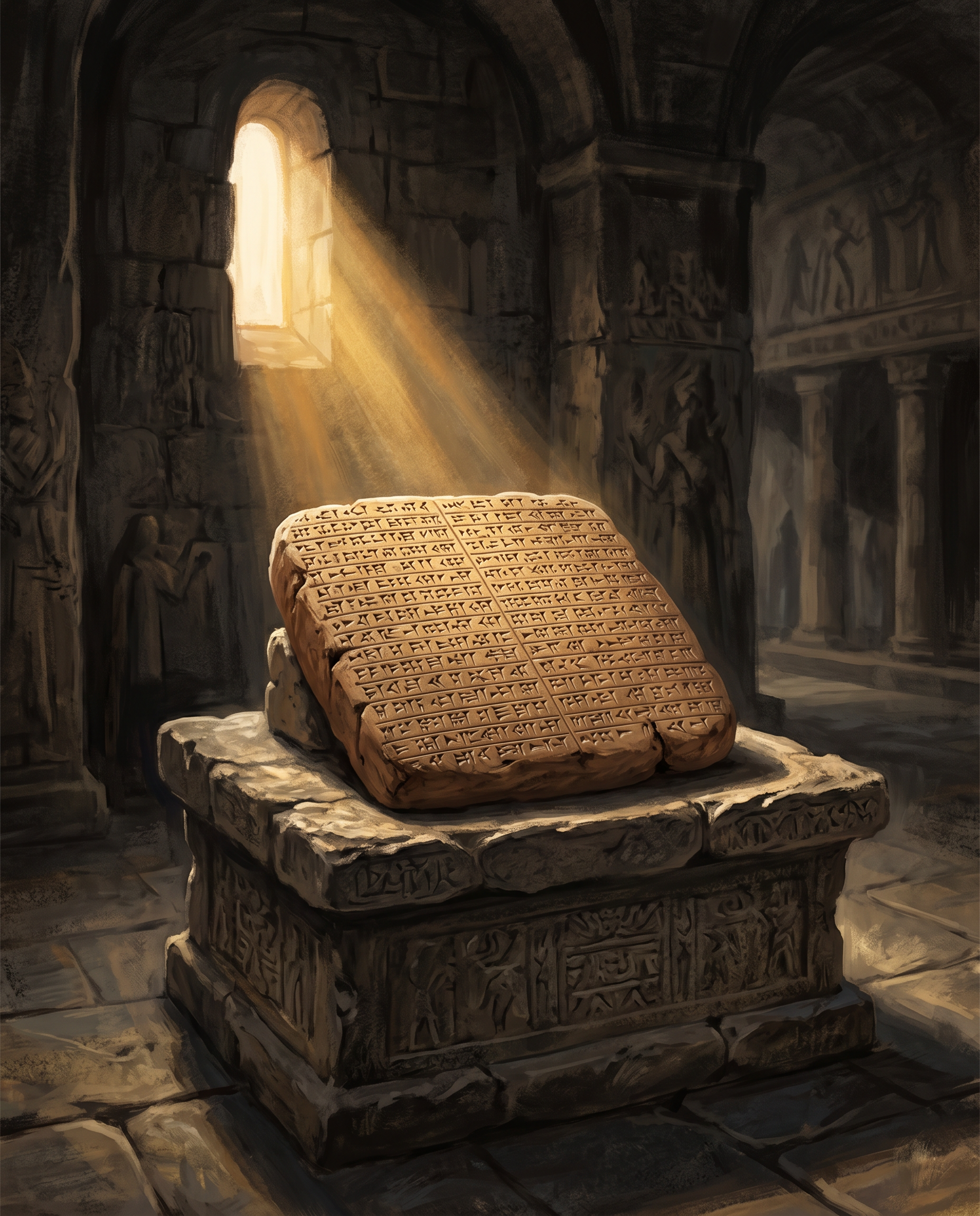 Una tablilla de arcilla con escritura cuneiforme descansando sobre un altar de piedra, iluminada por un rayo de sol que entra por la ventana de un templo